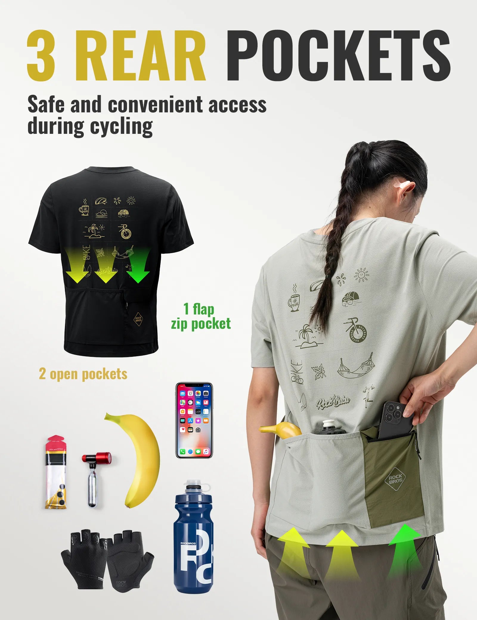 ROCKBROS Comfort Ride cycling jersey back view showing rear storage pockets and reflective safety details.
#color_sage grey