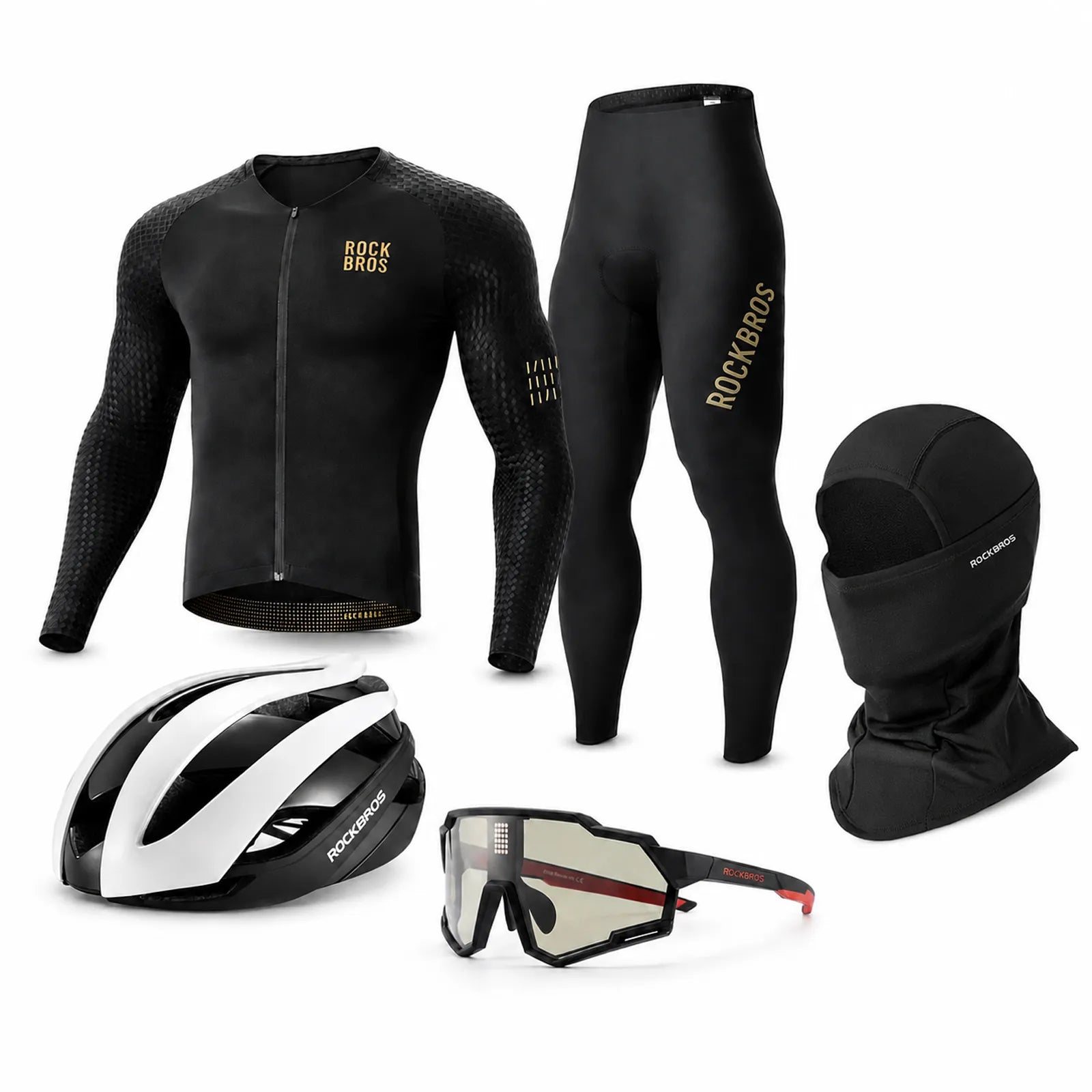 ROCKBROS Complete Winter Cycling Kit with helmet, eyewear, jersey, tights and winter face cover.
#color_black