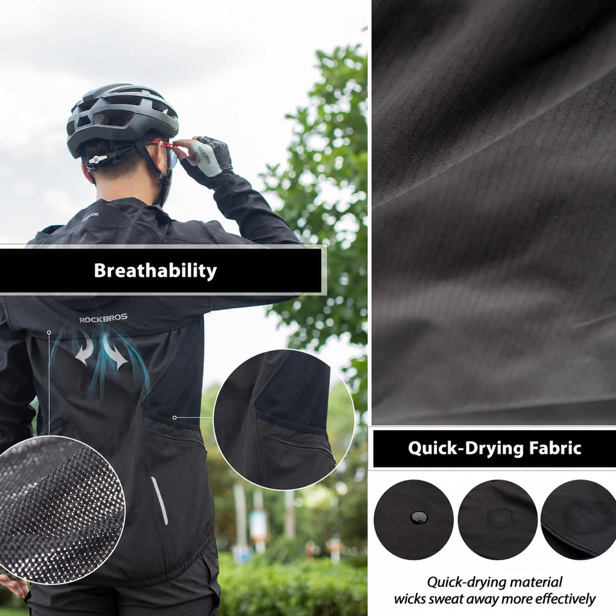 Black ROCKBROS convertible cycling jacket with long sleeves, hood and reflective arm details