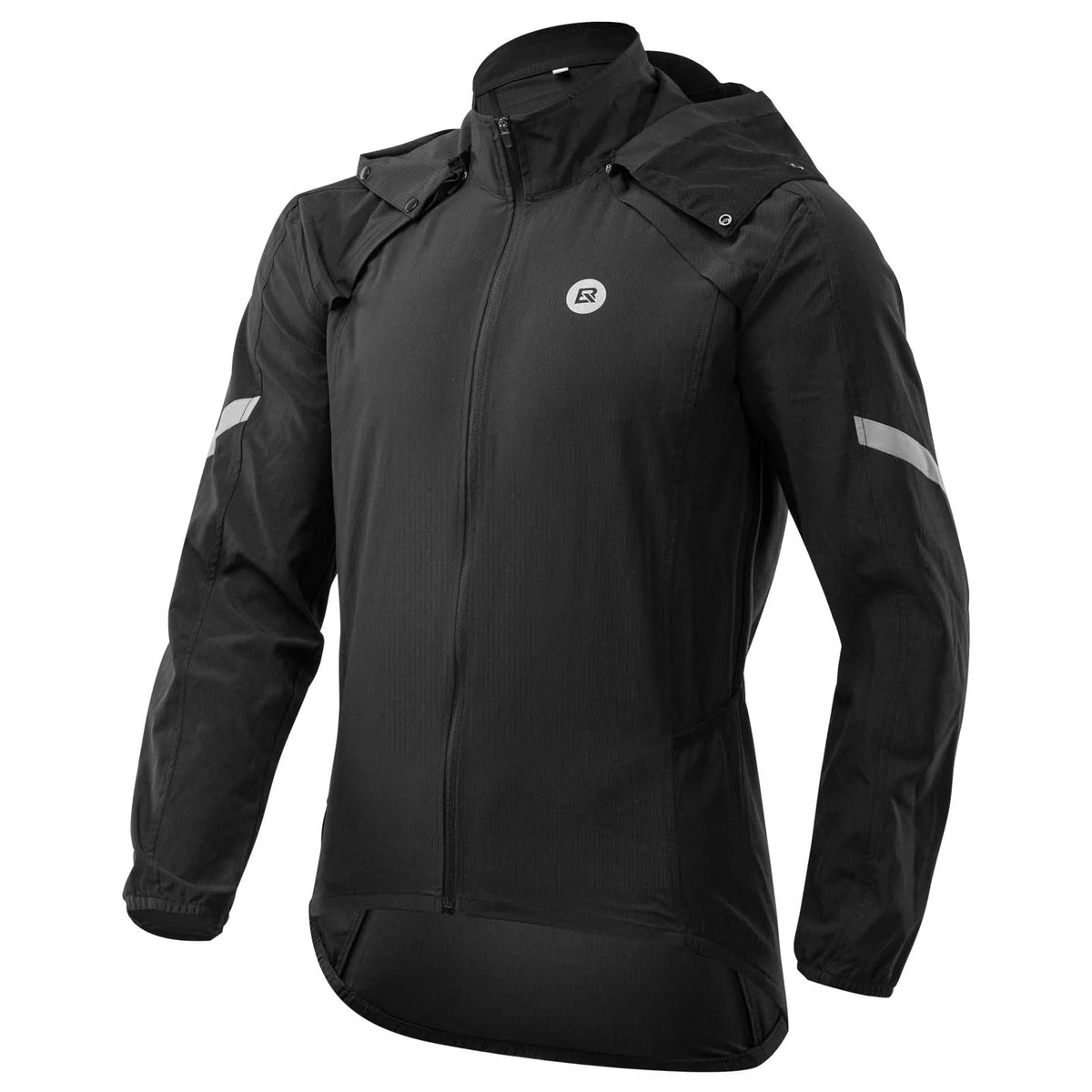 Black ROCKBROS convertible cycling jacket with long sleeves, hood and reflective arm details