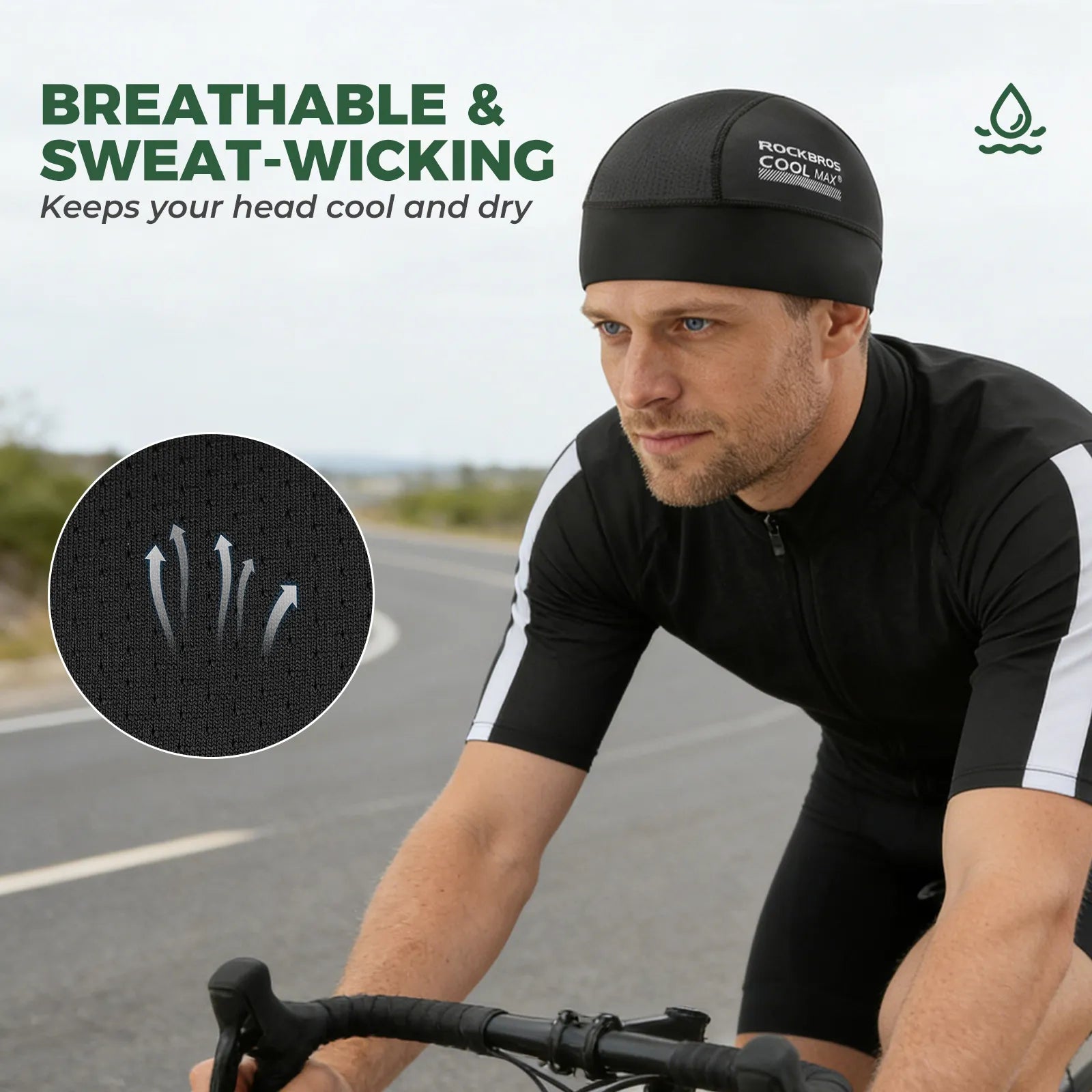 ROCKBROS Coolmax cycling cap, breathable and sweat-wicking helmet liner, black, unisex.
