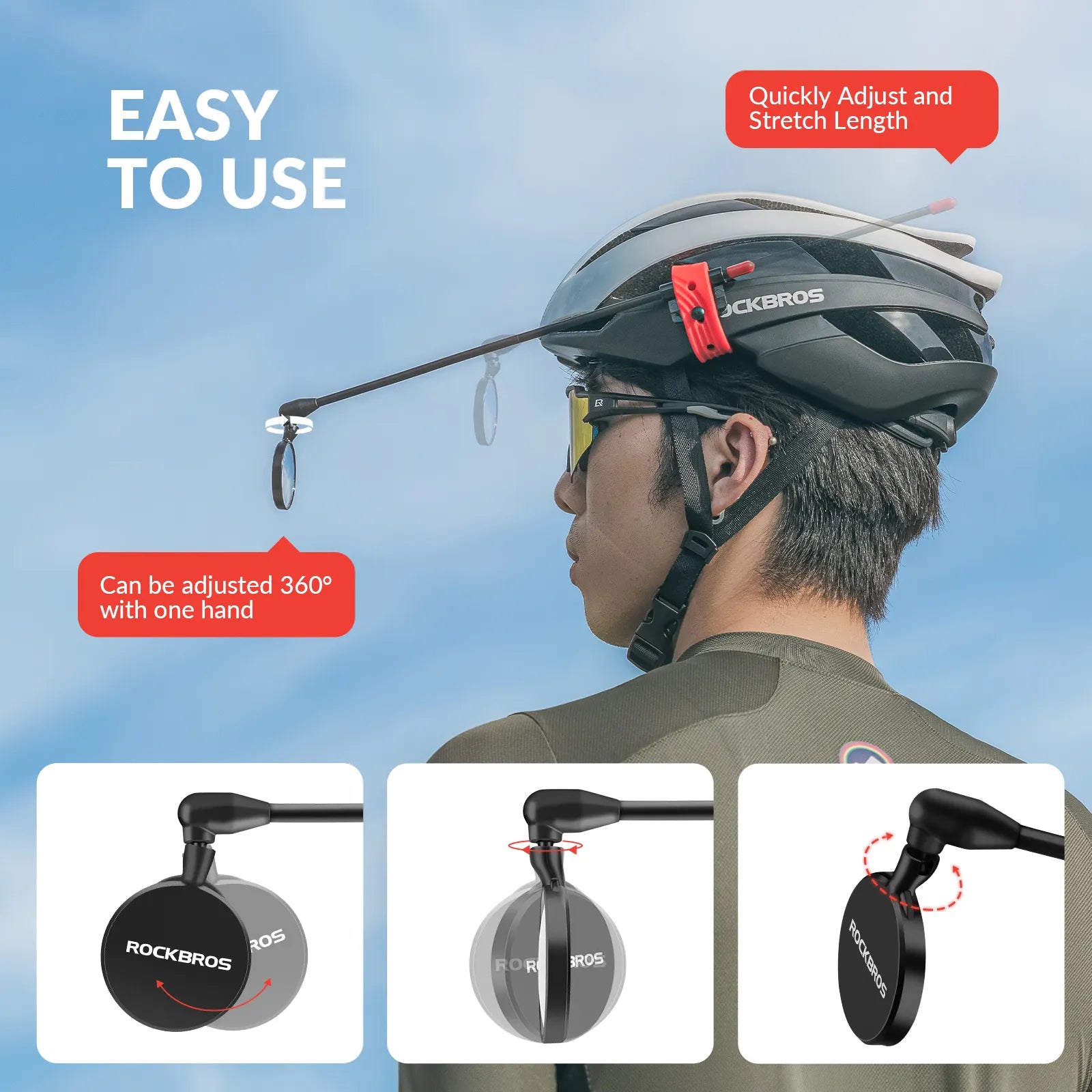 ROCKBROS cycling helmet rear view mirror with adjustable and extendable arm.
#color_red