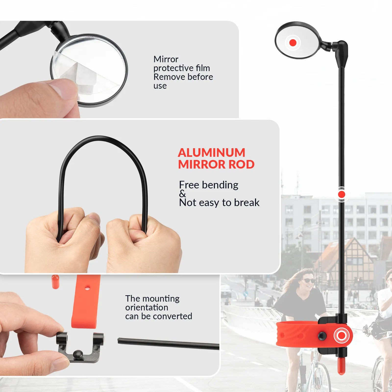 ROCKBROS cycling helmet rear view mirror with adjustable and extendable arm.
#color_red