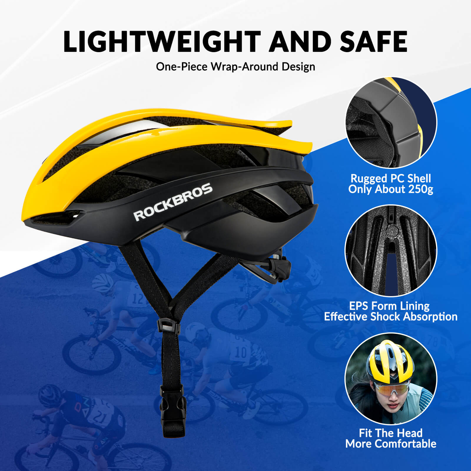 rockbros lightweight cycling helmet for road and mountain riding safety.
#color_yellow