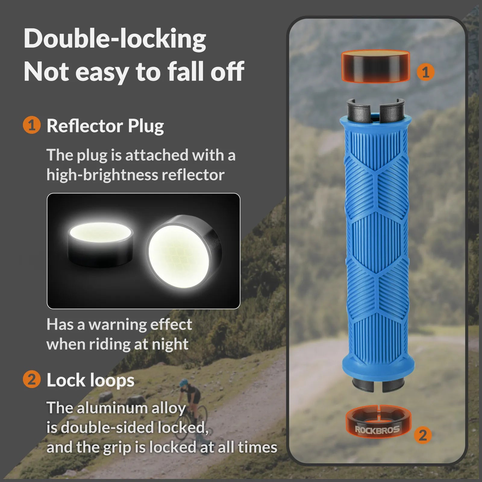 ROCKBROS double lock-on bike handlebar grips for 22.2mm bars, anti-slip rubber bicycle grips.
#color_blue