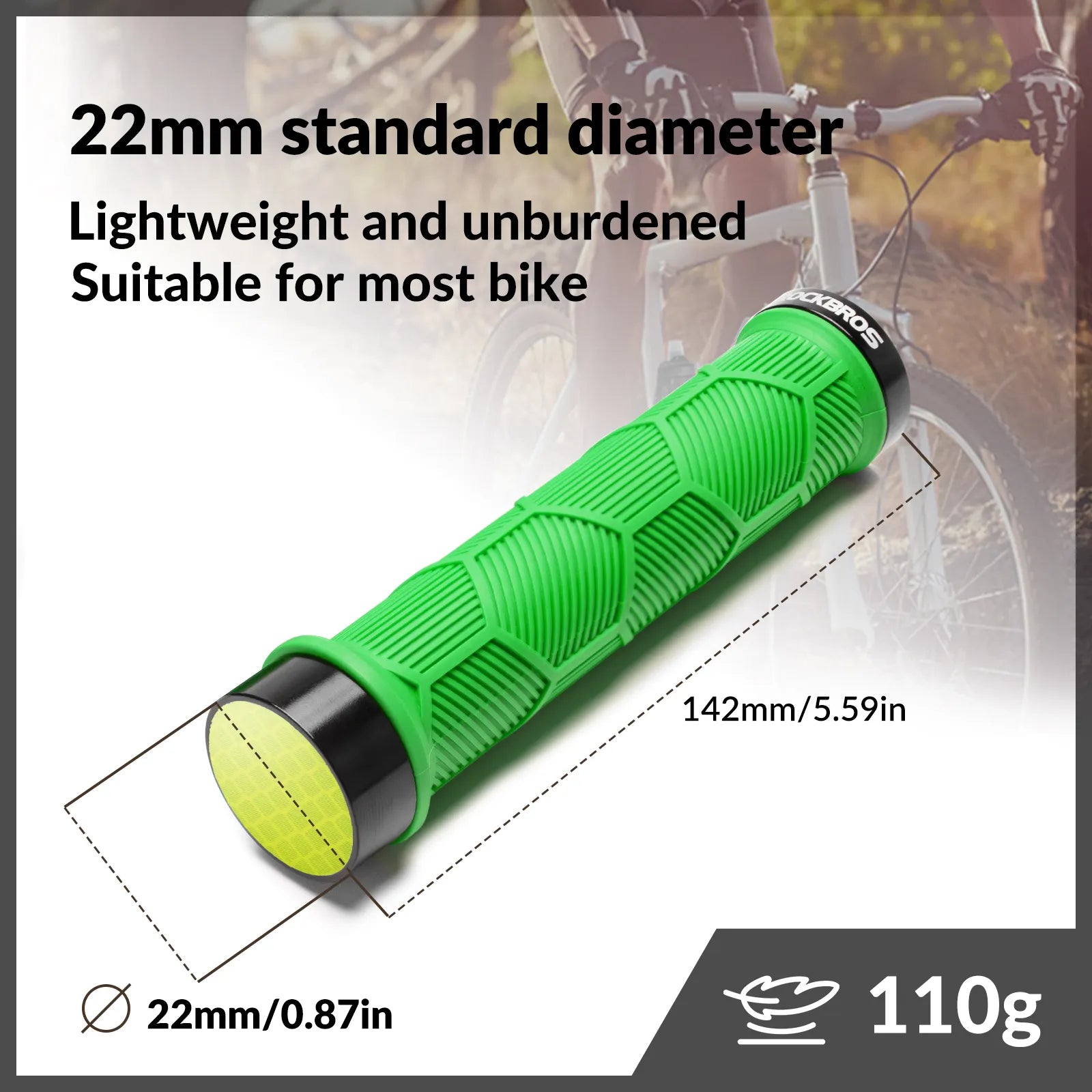 ROCKBROS double lock-on bike handlebar grips for 22.2mm bars, anti-slip rubber bicycle grips.
#color_green