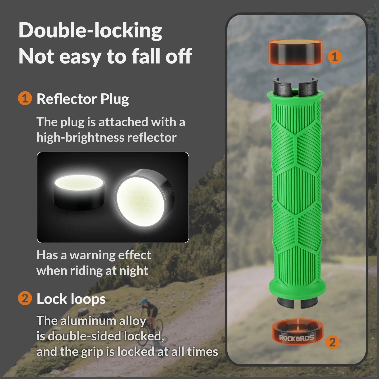 ROCKBROS double lock-on bike handlebar grips for 22.2mm bars, anti-slip rubber bicycle grips.
#color_green