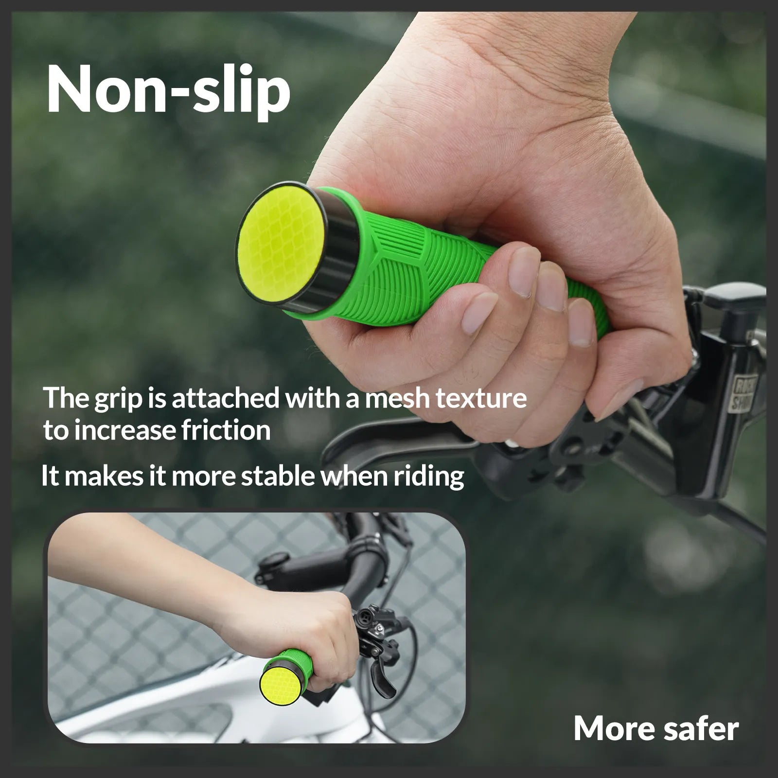 ROCKBROS double lock-on bike handlebar grips for 22.2mm bars, anti-slip rubber bicycle grips.
#color_green