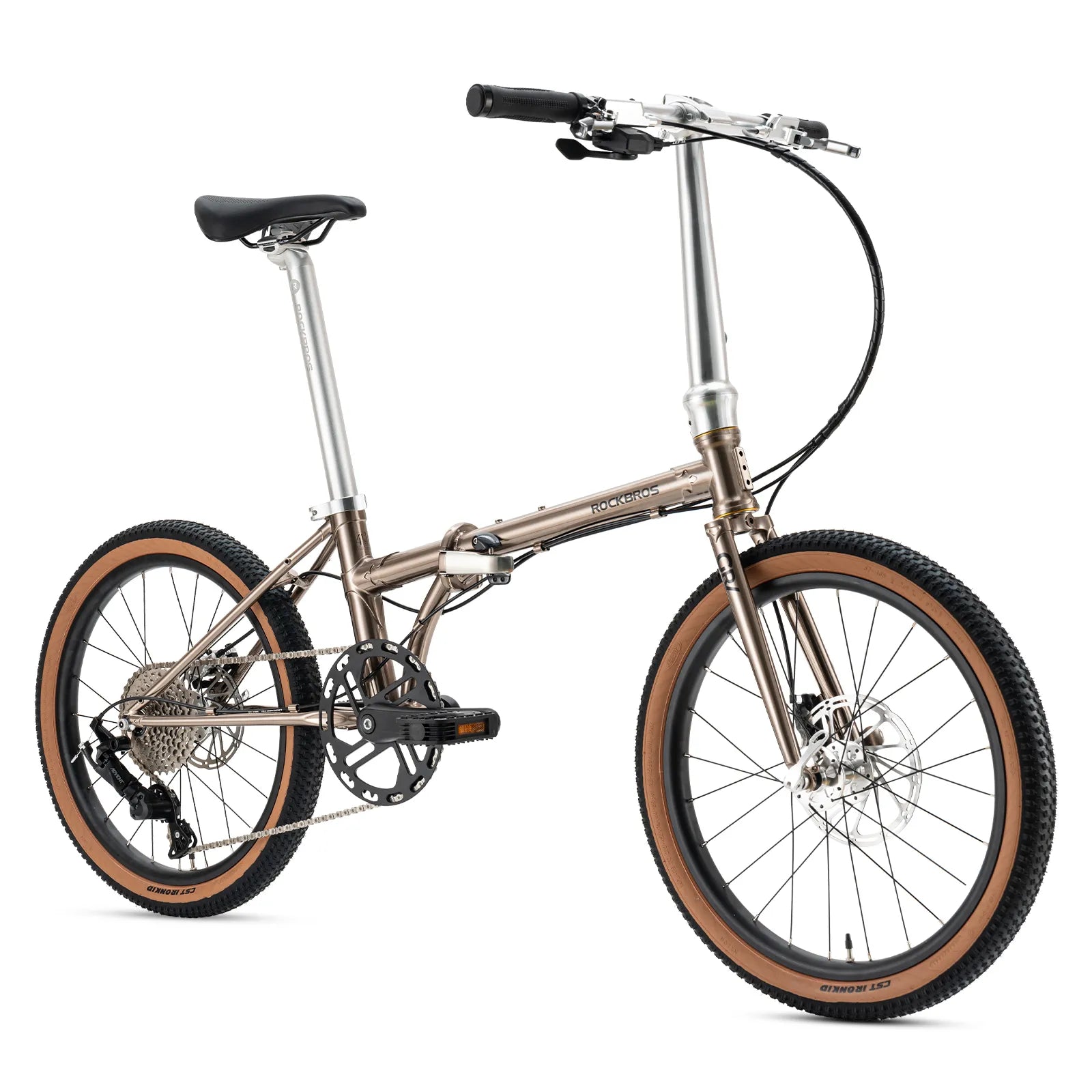 Rockbros Garvis 20 inch chromoly steel folding bike with 9-speed drivetrain.
#color_Matte Titanium