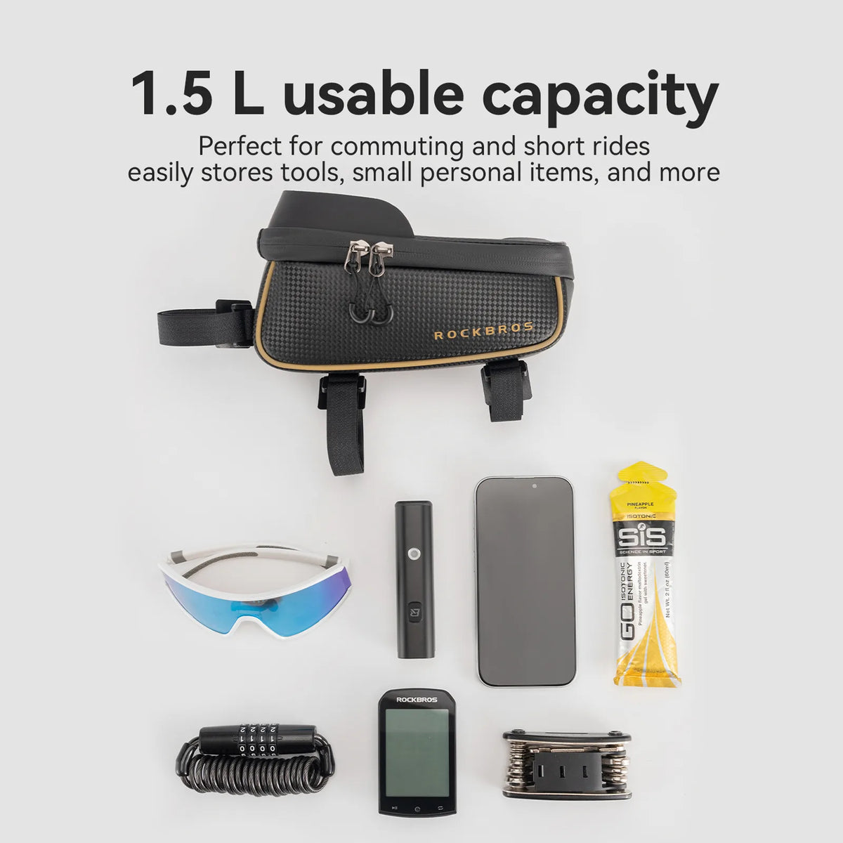 ROCKBROS 1.5L gold bike frame bag with phone storage