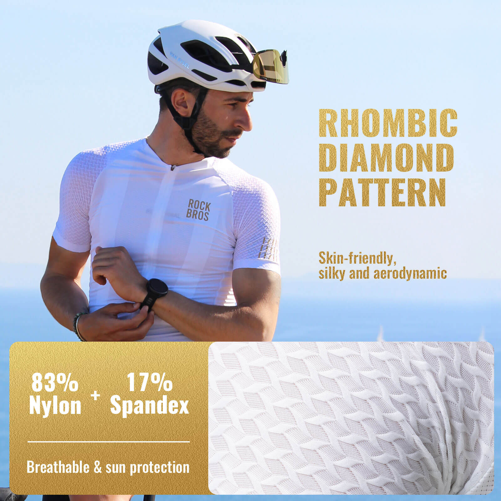 rockbros gold series short sleeve cycling jersey designed for summer rides, lightweight breathable bike jersey ideal for road cycling and training
#color_white
