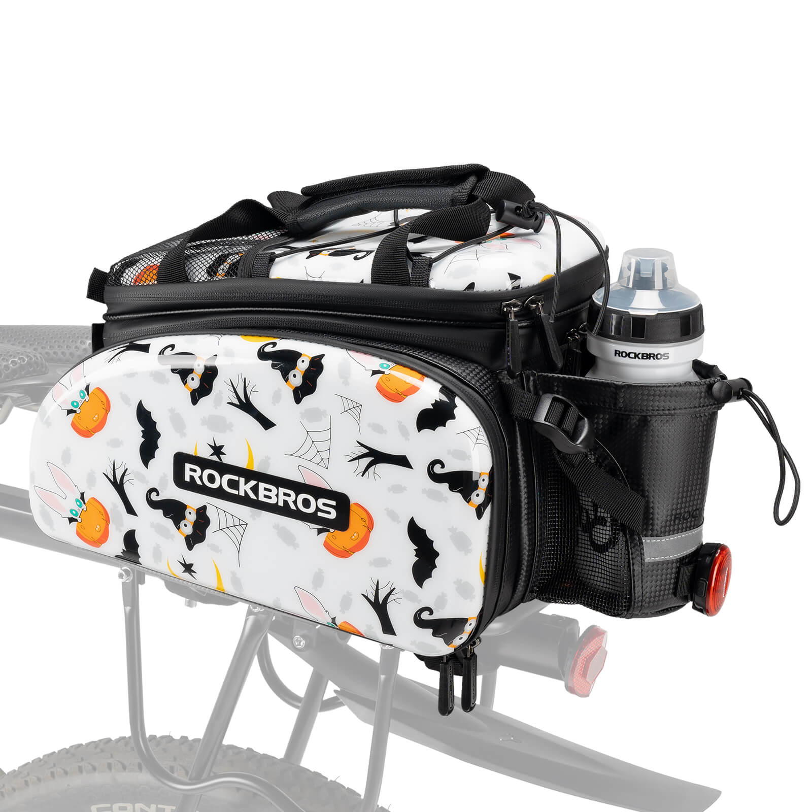 Rockbros Halloween Pumpkin Edition Bicycle Rear Rack Bag with Water Bottle Holder and Hard Shell Protection.