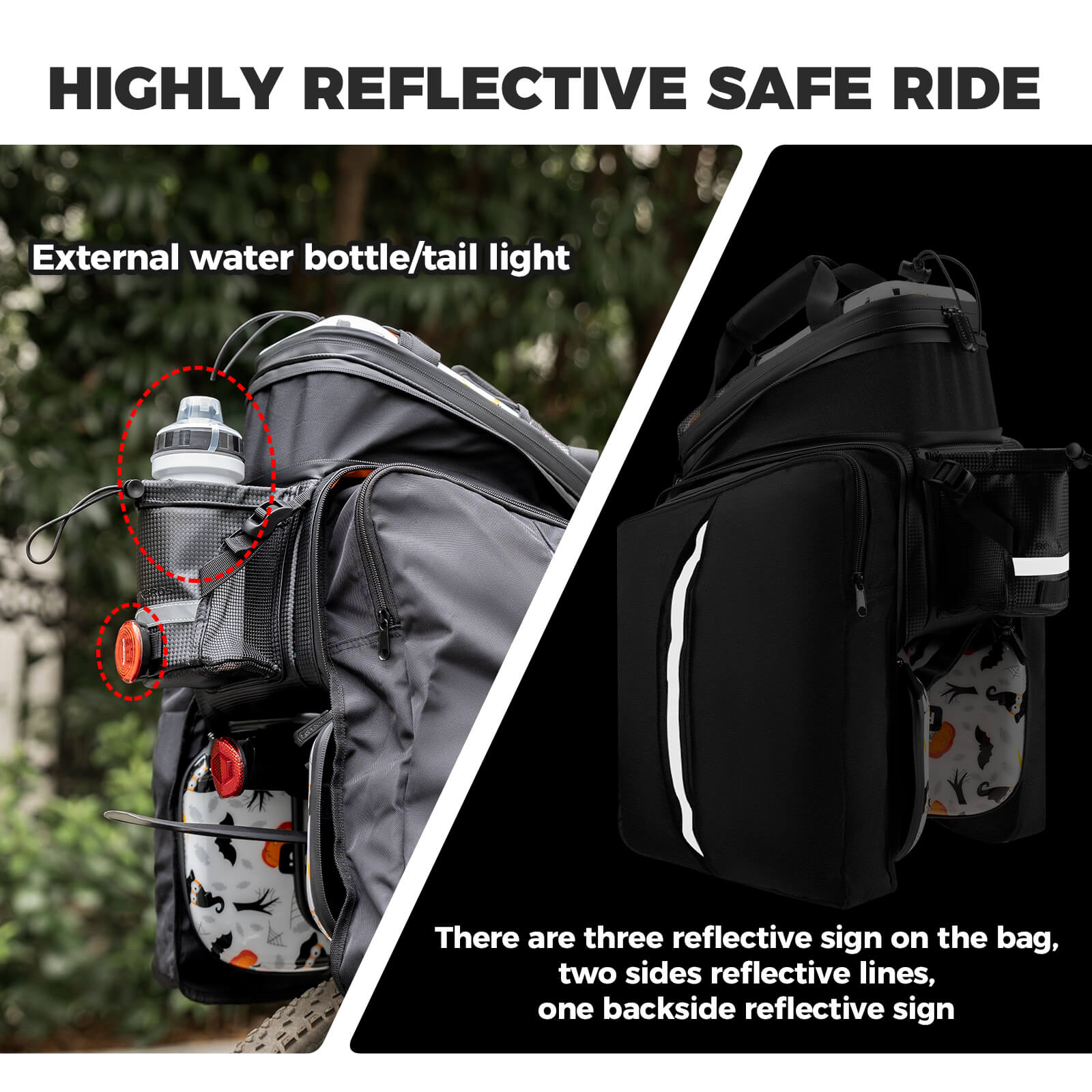 Rockbros Halloween Pumpkin Edition Bicycle Rear Rack Bag with Water Bottle Holder and Hard Shell Protection.