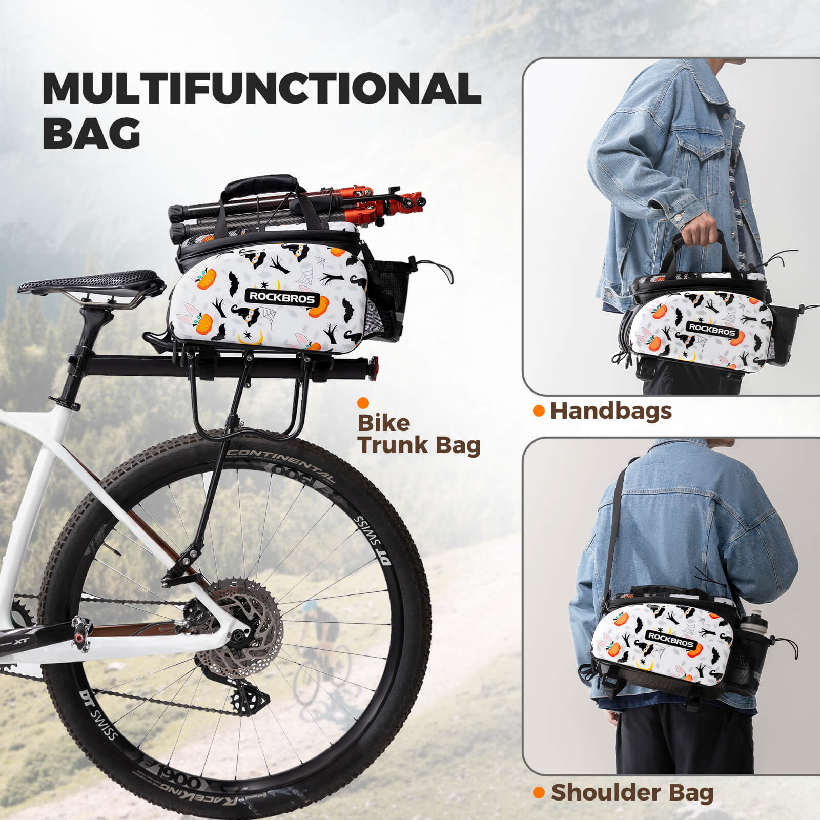 Rockbros Halloween Pumpkin Edition Bicycle Rear Rack Bag with Water Bottle Holder and Hard Shell Protection.