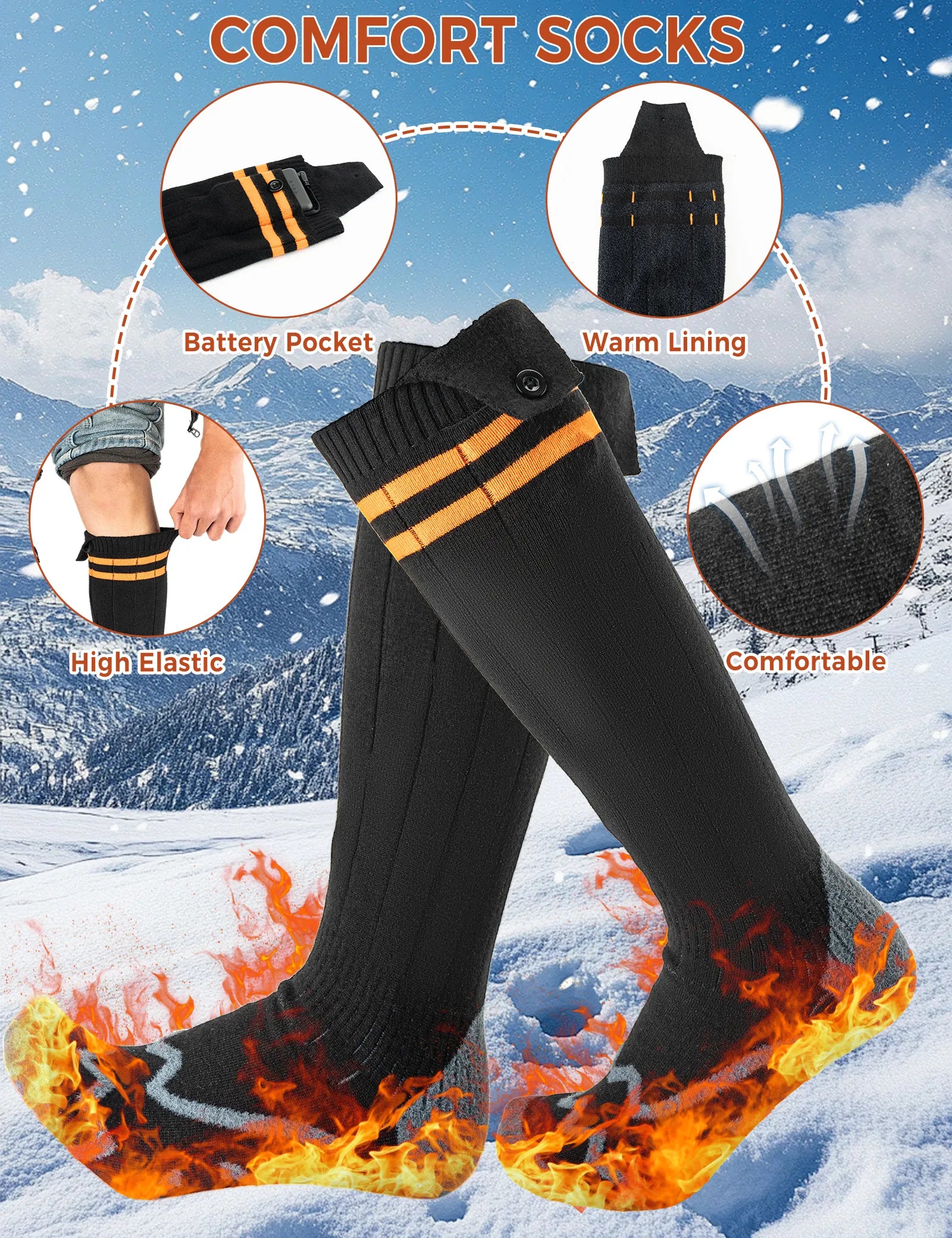 ROCKBROS Rechargeable Heated Socks with 5000mAh Battery Pack, Winter Electric Thermal Socks for Men and Women