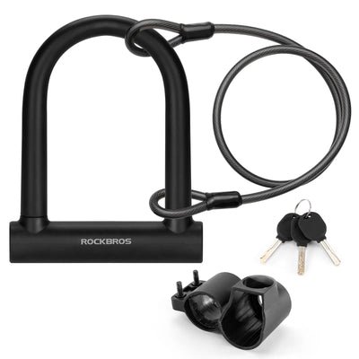 Rockbros heavy duty bike U lock with steel cable and 3 keys on a plain background.
#options_U Lock + Cable
