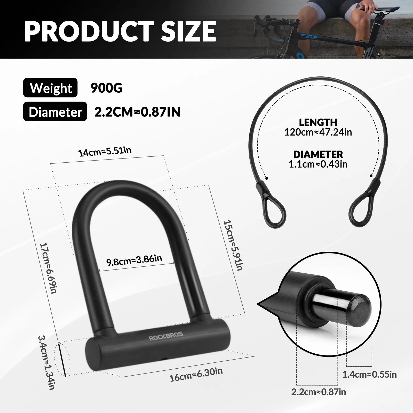 Rockbros heavy duty bike U lock with steel cable and 3 keys on a plain background.
#options_U Lock + Cable