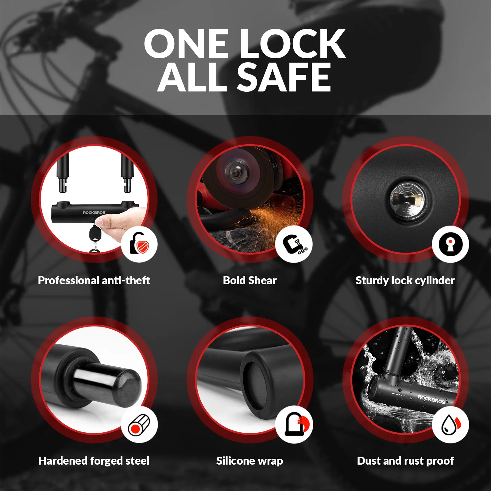 Rockbros heavy duty bike U lock with steel cable and 3 keys on a plain background.
#options_U Lock + Cable