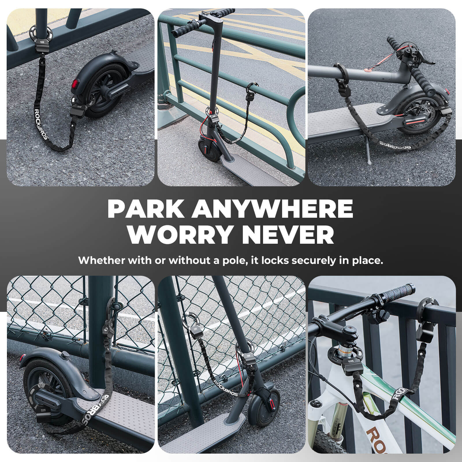 ROCKBROS Heavy Duty Bike Chain Lock - Anti-Theft Bicycle and Electric Scooter Lock with 2 Keys, 3.2ft Wear-Resistant Steel Chain.