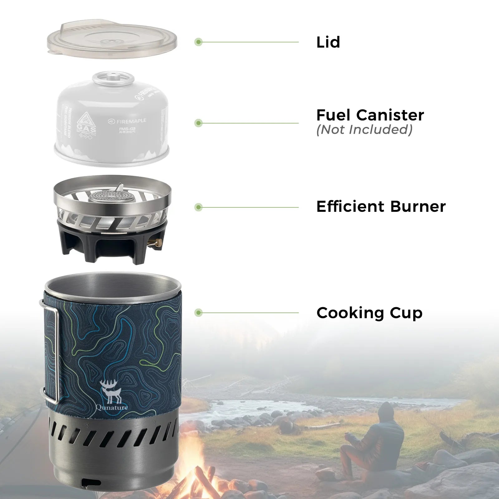 Qunature Portable High-Efficiency Camping Stove System with Integrated Pot for Hiking.
#color_blue