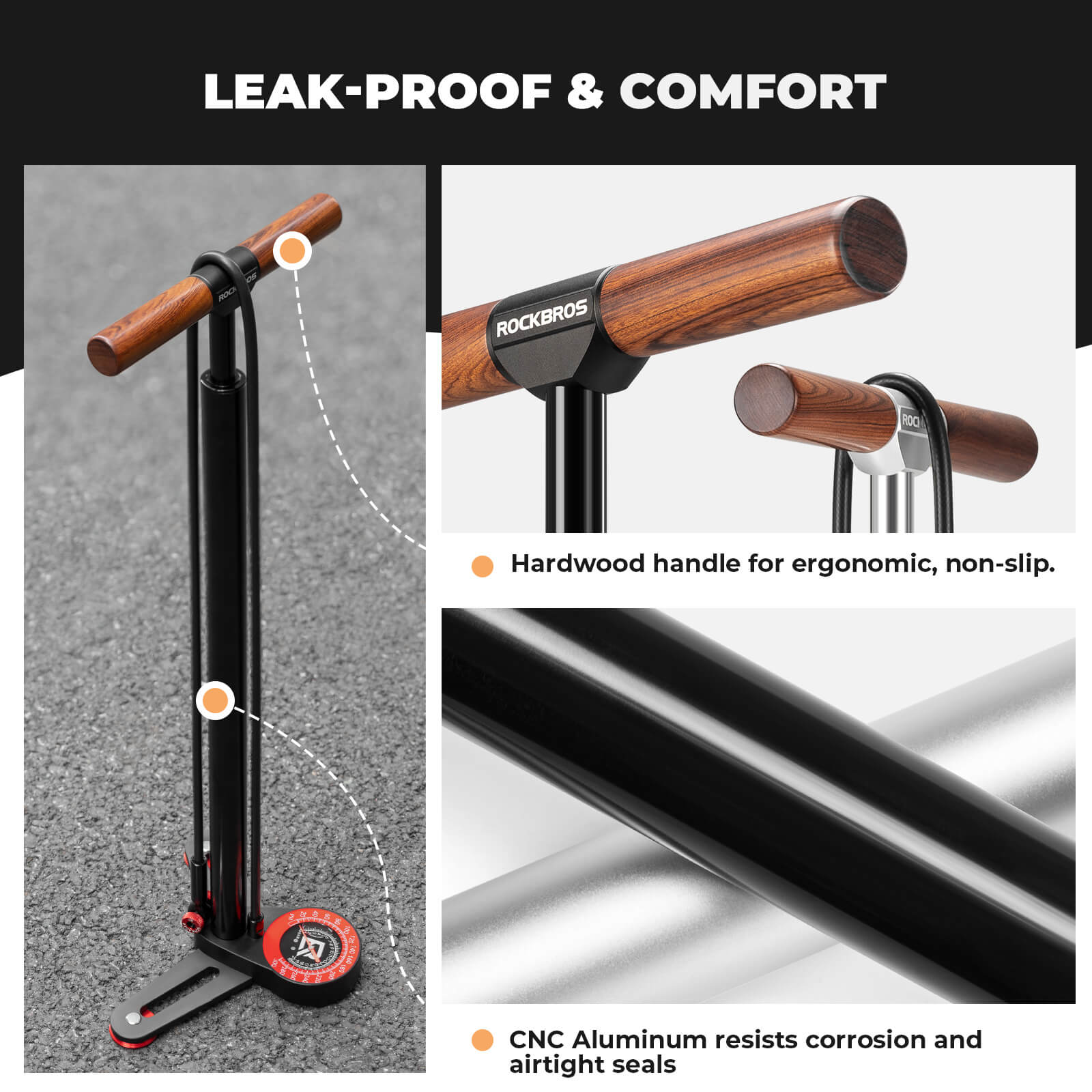 rockbros aluminium high pressure bike floor pump for road and mountain bikes.
#color_black