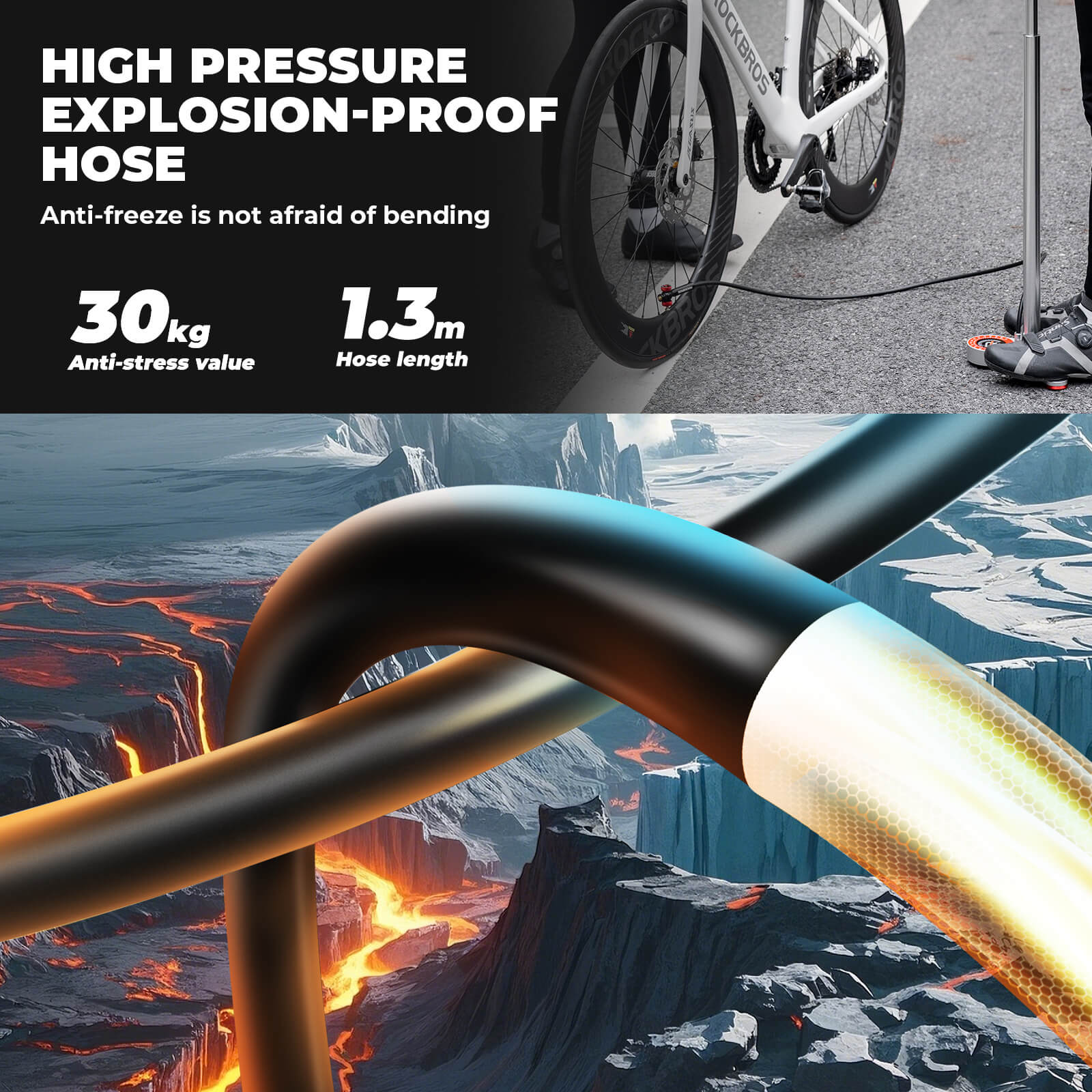 rockbros aluminium high pressure bike floor pump for road and mountain bikes.
#color_silver