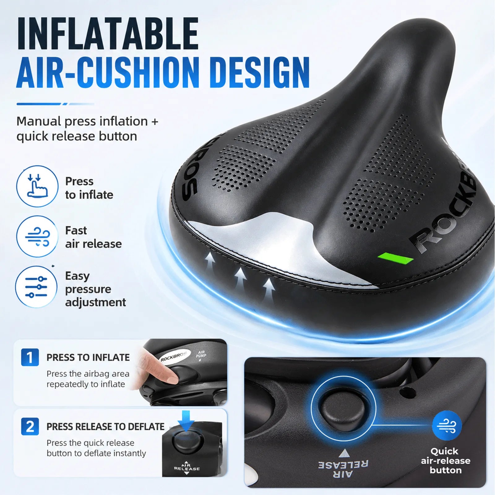 ROCKBROS inflatable shock absorbing bike saddle for smooth rides.