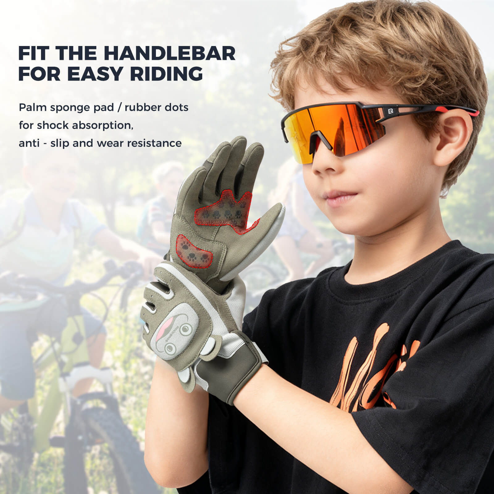rockbros kids anti-slip full finger cycling gloves for children riding bikes.
#color_green