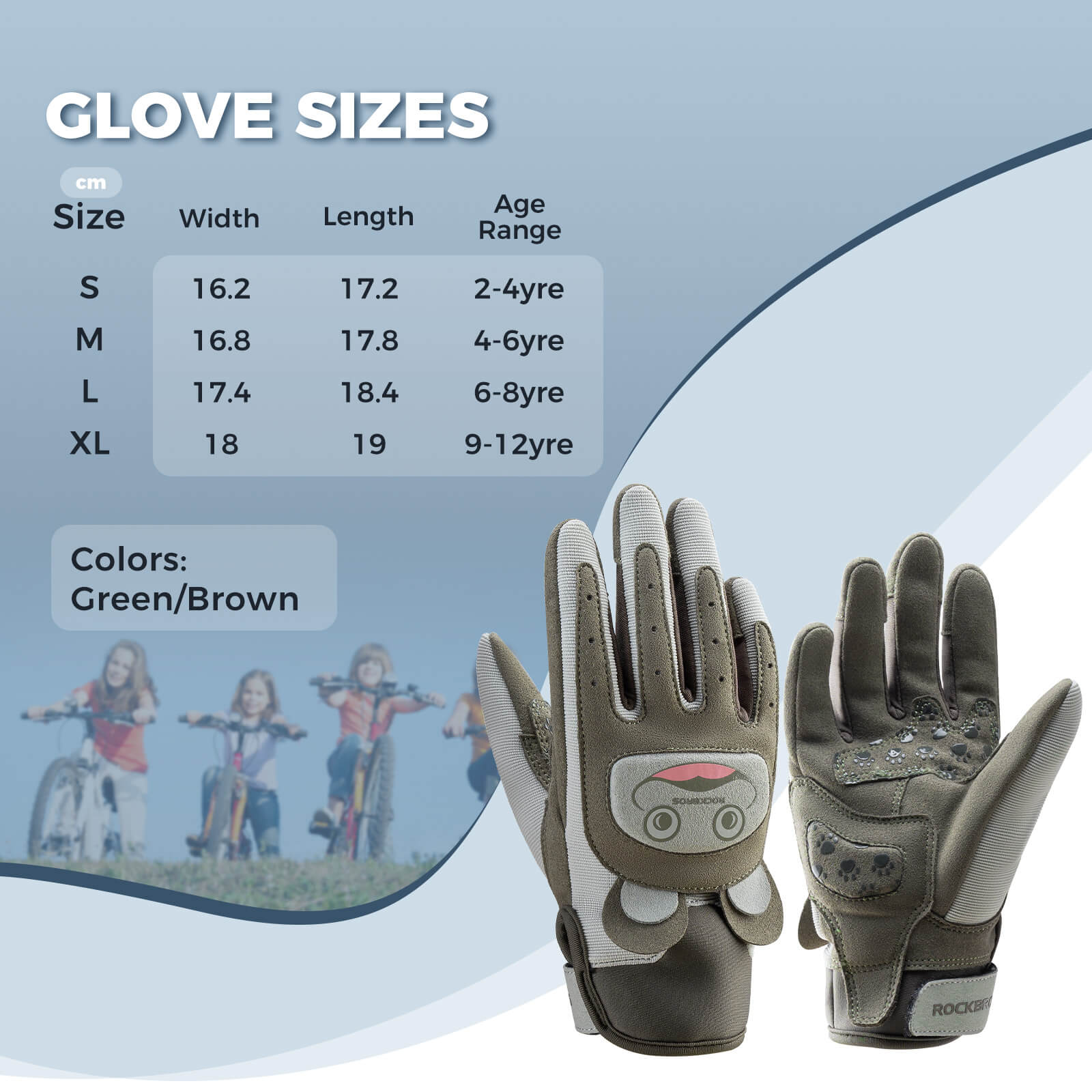 rockbros kids anti-slip full finger cycling gloves for children riding bikes.
#color_green