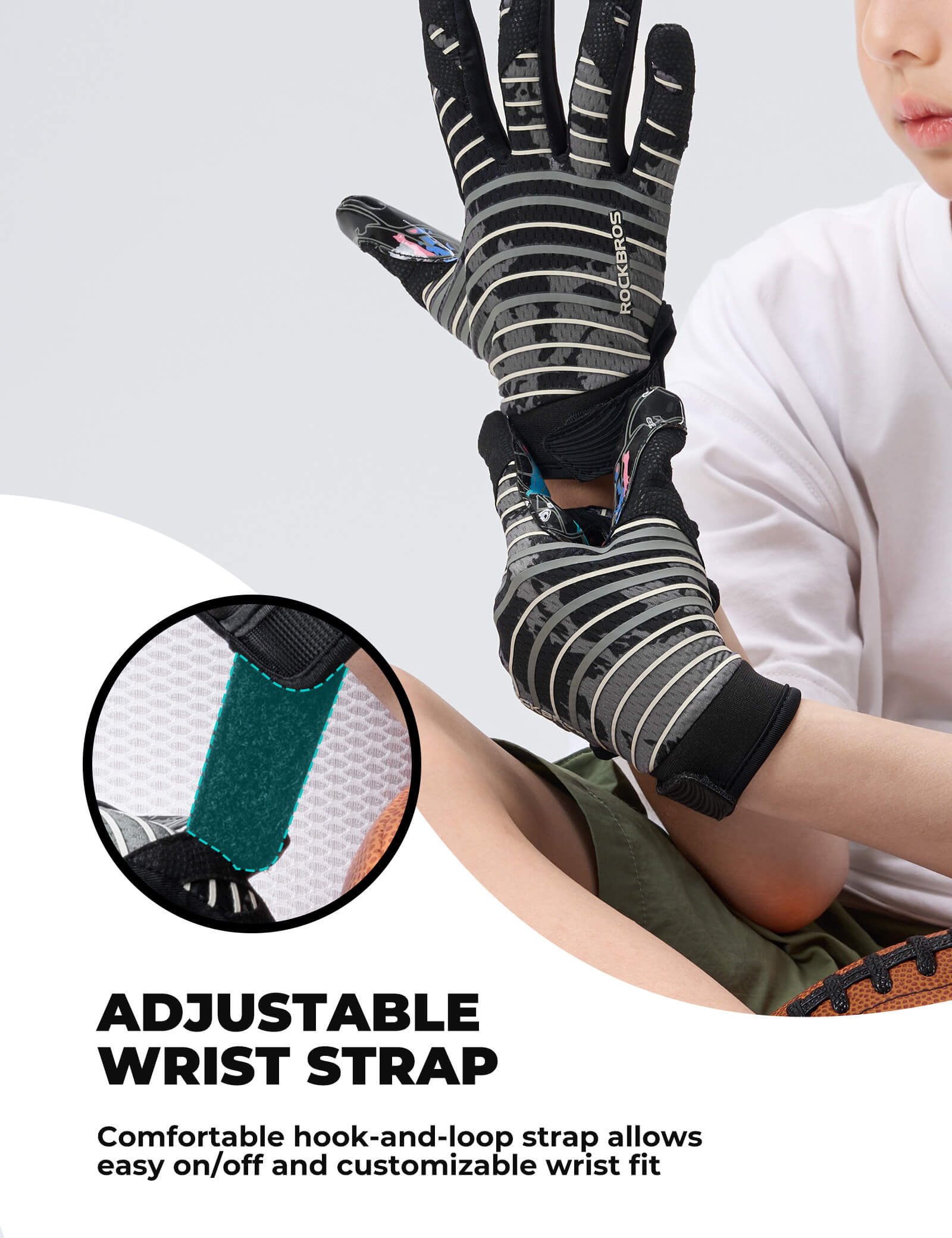 Close-up of ROCKBROS Kids Guardian Grip anti-slip full-finger cycling gloves, ideal for children's bike safety and comfort.