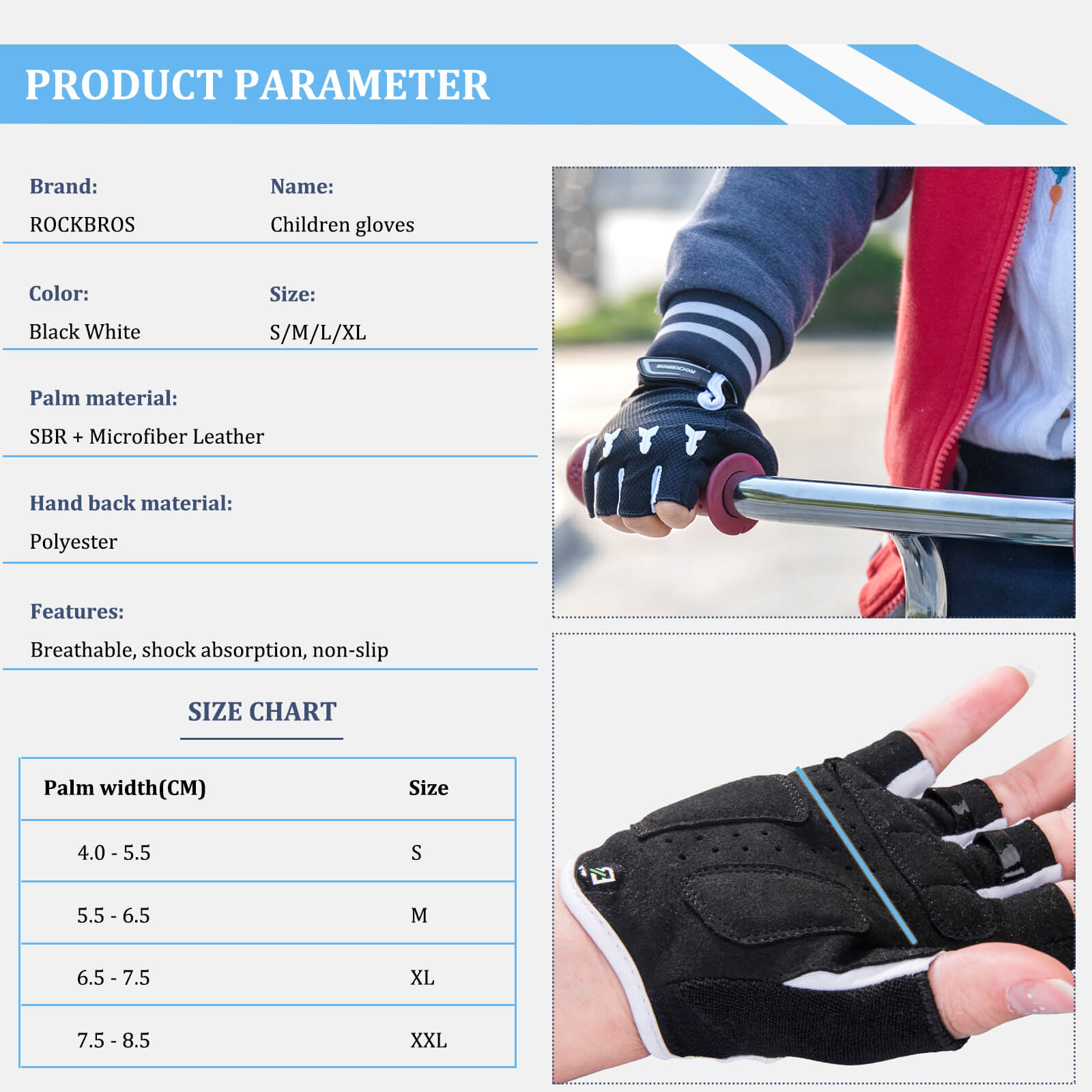 ROCKBROS Kids Half Finger Cycling Gloves in Black - Breathable Padded Bike Mitts for Boys and Girls.