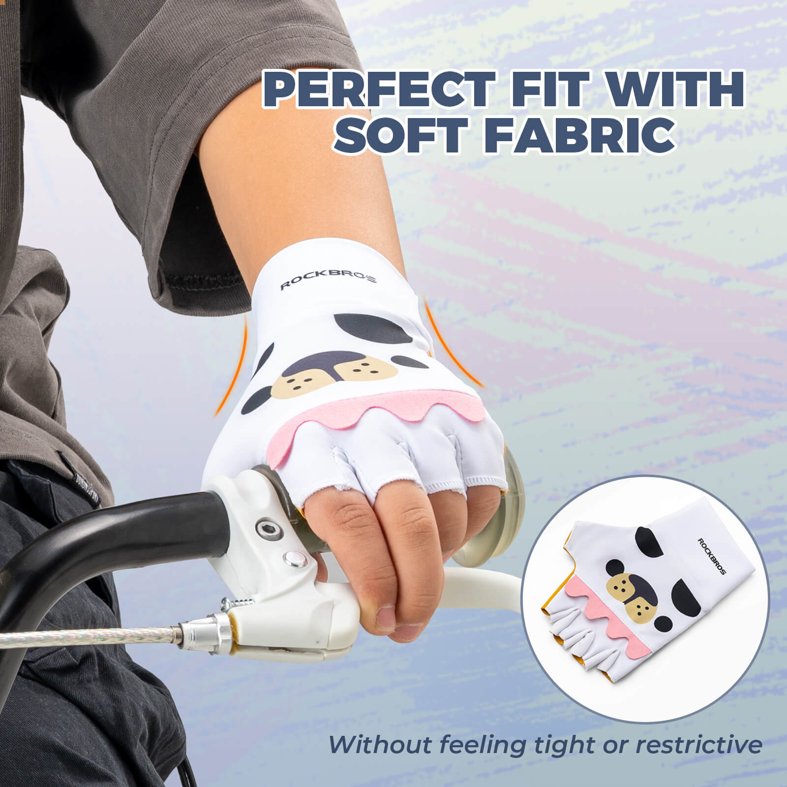 ROCKBROS kids half-finger cycling gloves featuring cute patterns for boys and girls.
#color_white