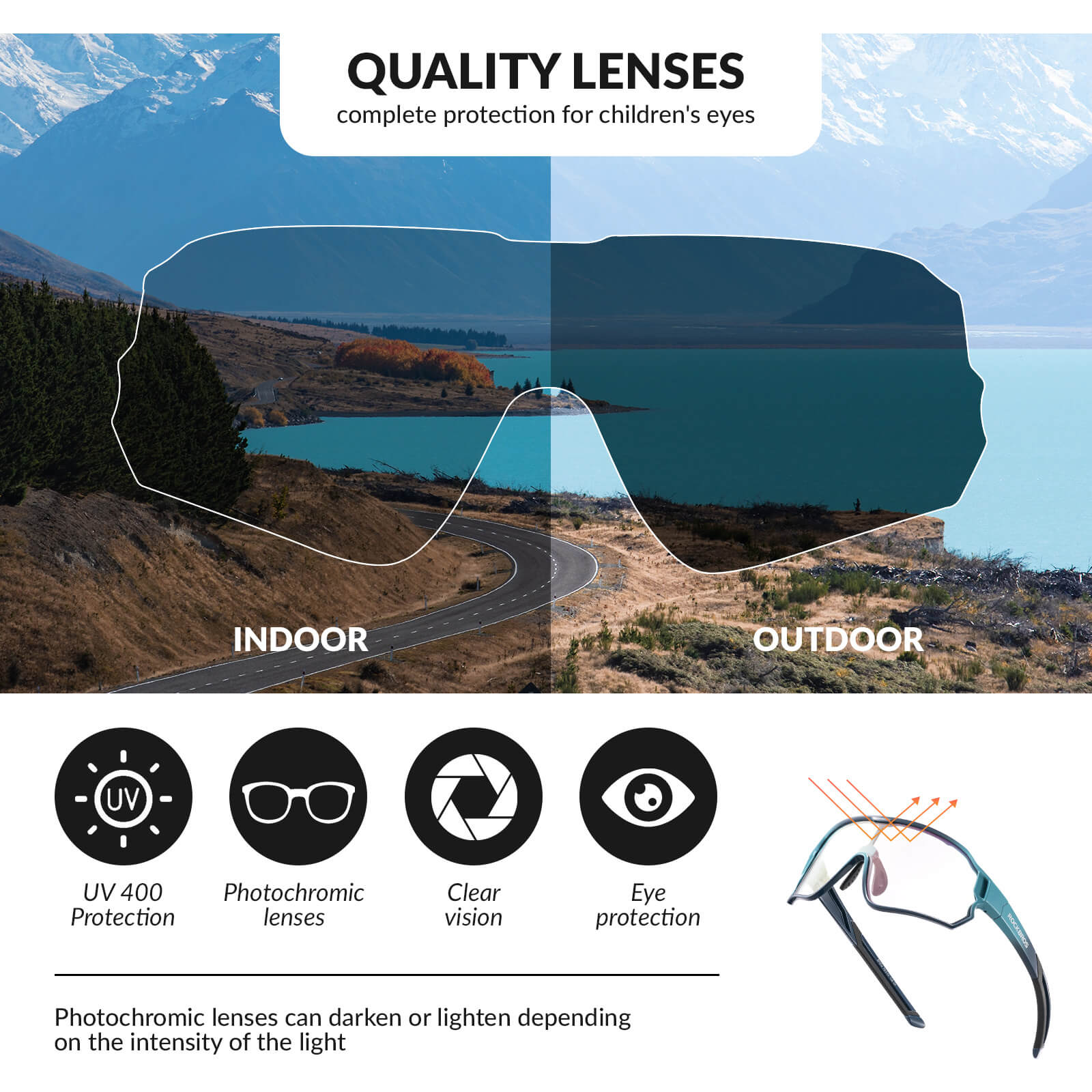 ROCKBROS kids photochromic bike sunglasses with adjustable frame.
#color_sky blue