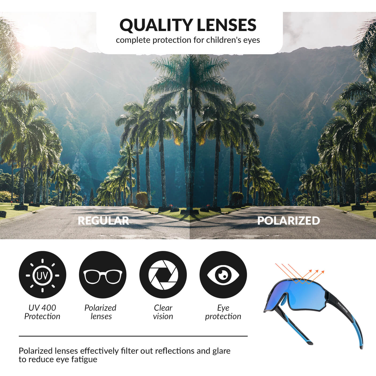 ROCKBROS polarised kids cycling sunglasses worn by child.
#color_black