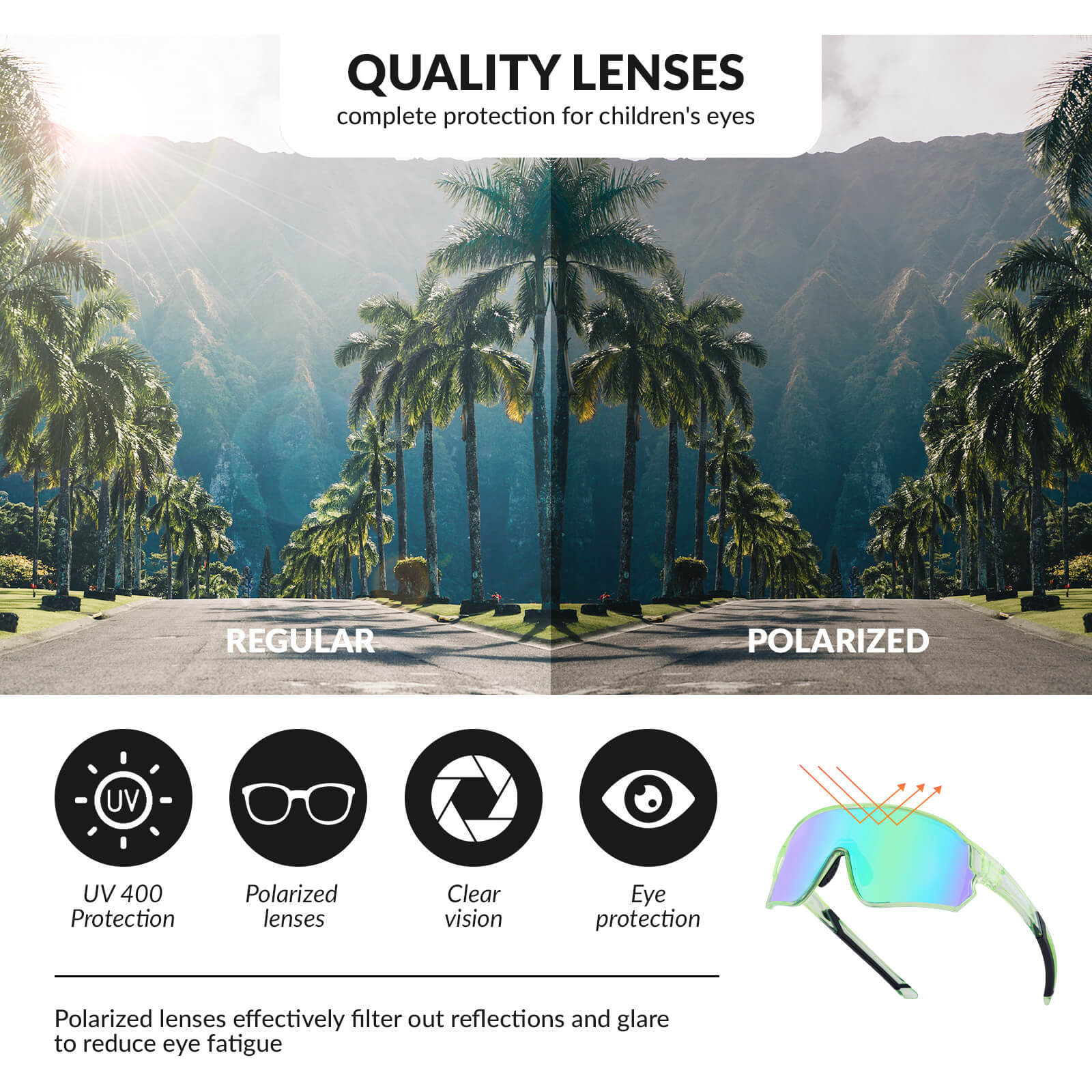 ROCKBROS polarised kids cycling sunglasses worn by child.
#color_light green