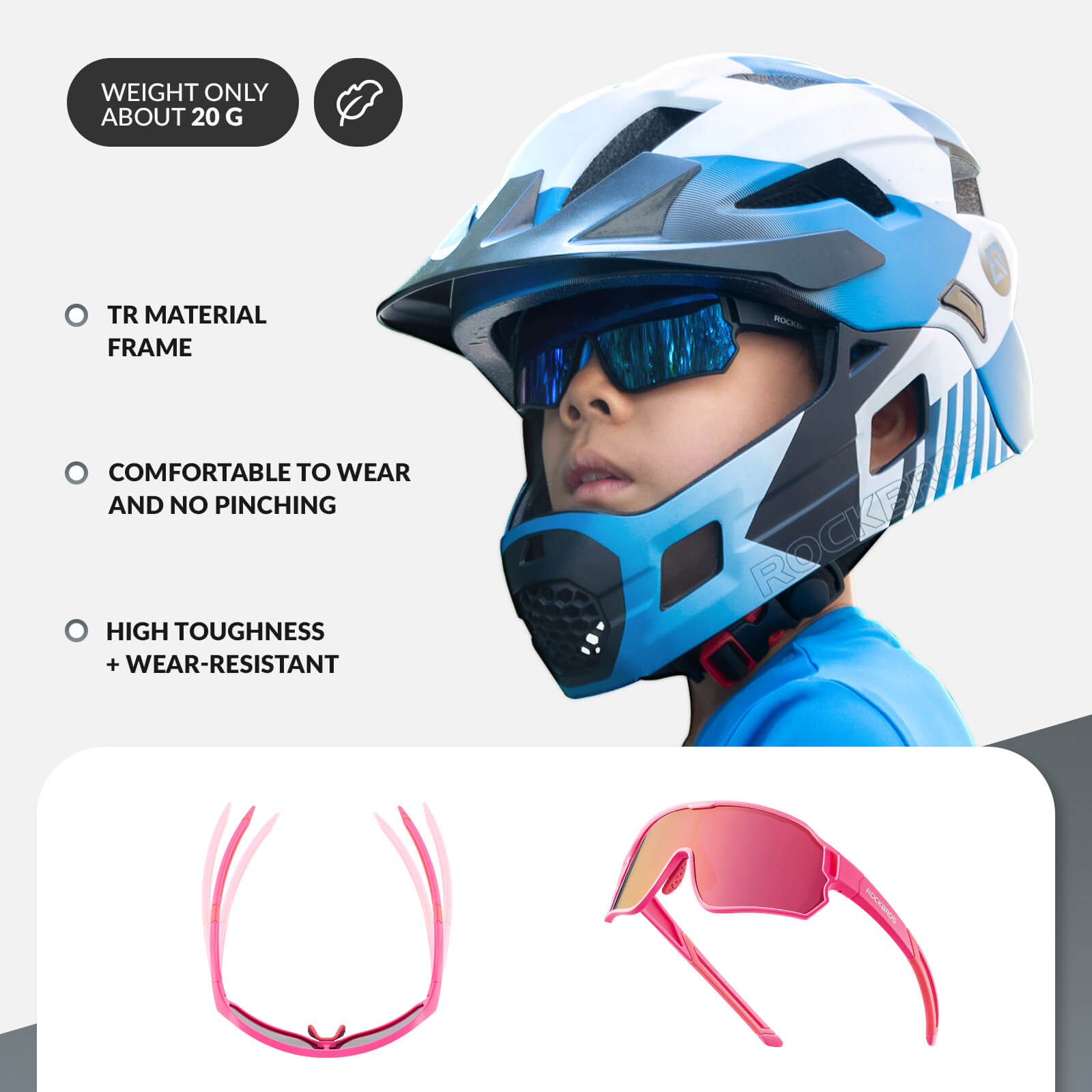ROCKBROS polarised kids cycling sunglasses worn by child.
#color_pink