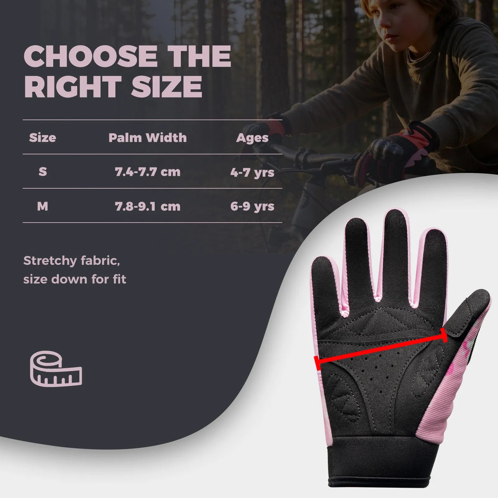 ROCKBROS Kids Full Finger Sports Gloves with Impact Resistant PVC Knuckle Guard for Cycling and BMX.
#color_pink