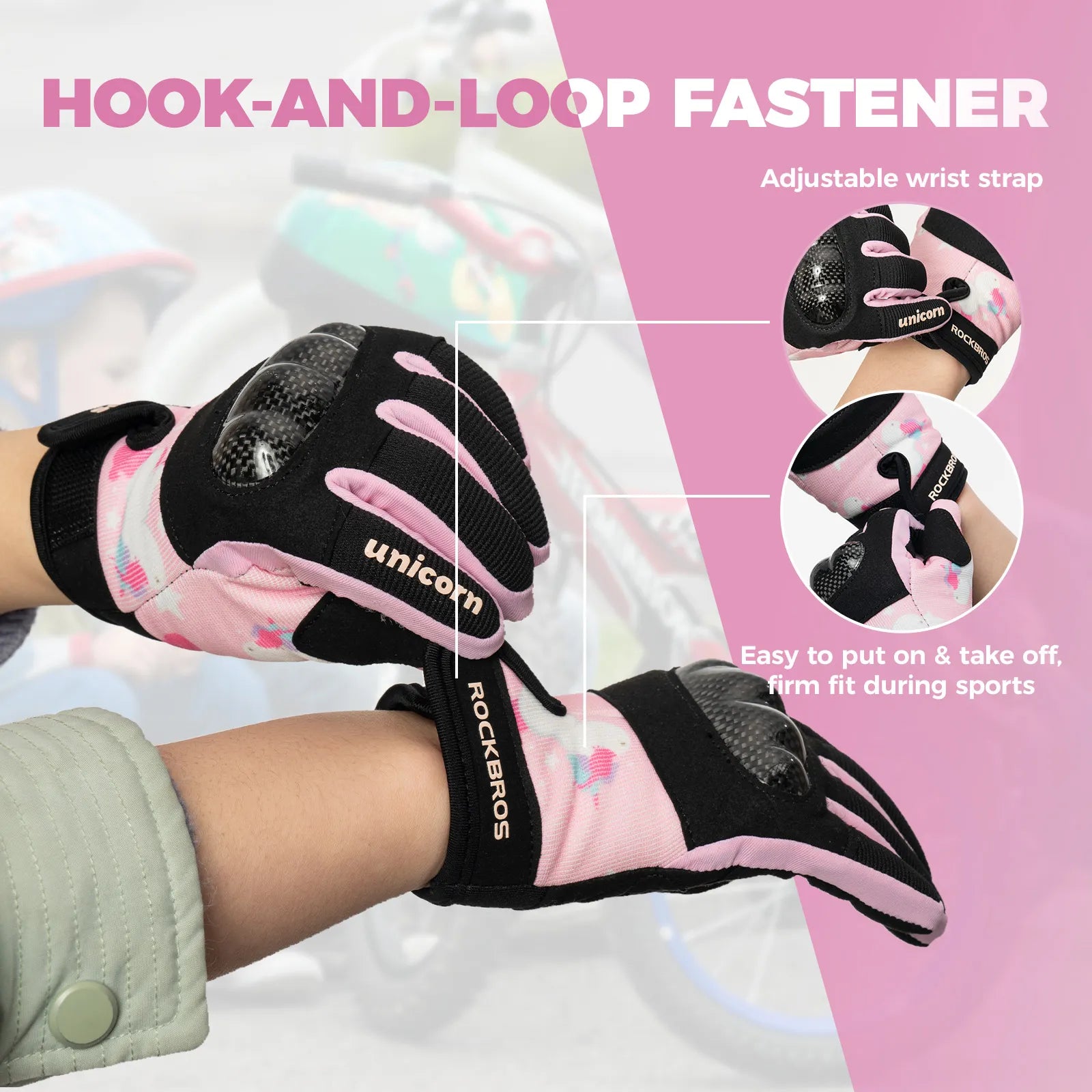 ROCKBROS Kids Full Finger Sports Gloves with Impact Resistant PVC Knuckle Guard for Cycling and BMX.
#color_pink