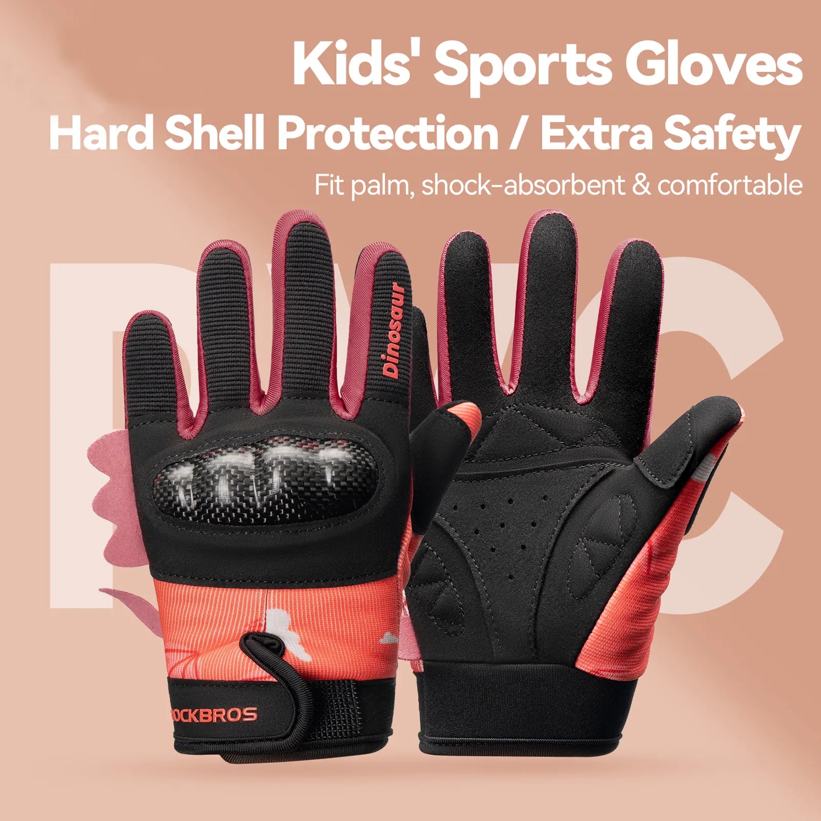ROCKBROS Kids Full Finger Sports Gloves with Impact Resistant PVC Knuckle Guard for Cycling and BMX.
#color_pink