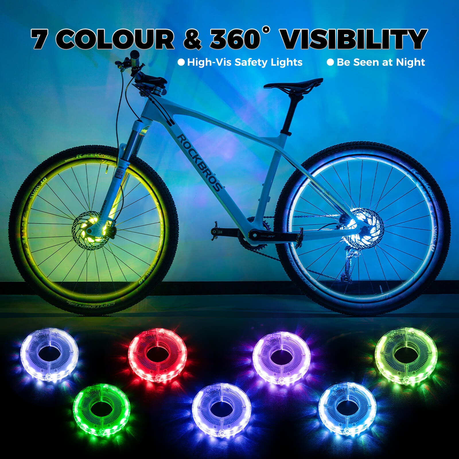ROCKBROS LED Mountain Bike Hub Lights with 7-Color RGB Modes for Night Safety