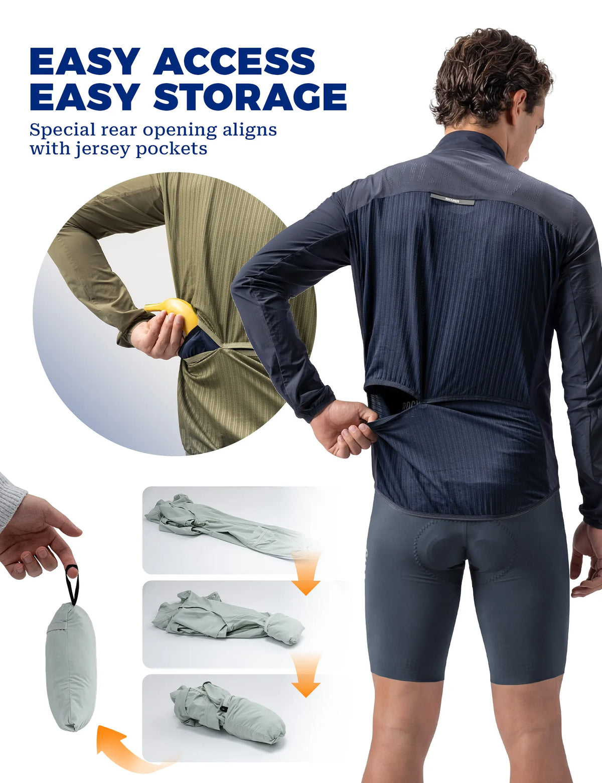 ROCKBROS lightweight windproof cycling jacket with breathable mesh back.
#colour_navy