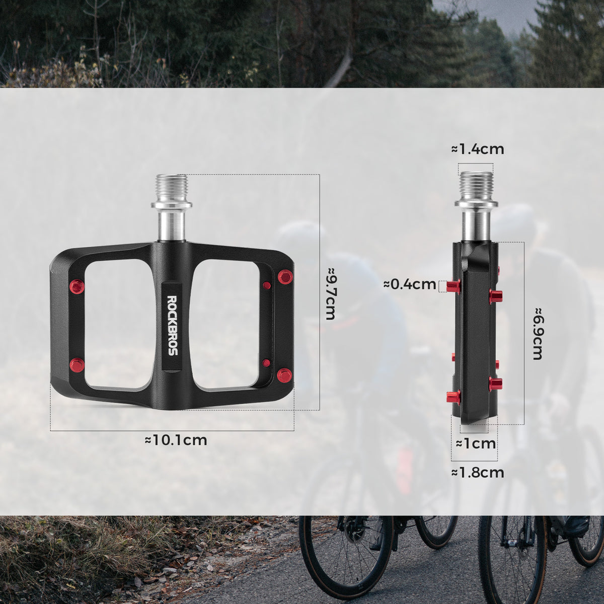 Pair of black ROCKBROS flat pedals with red traction pins and silver axles.
