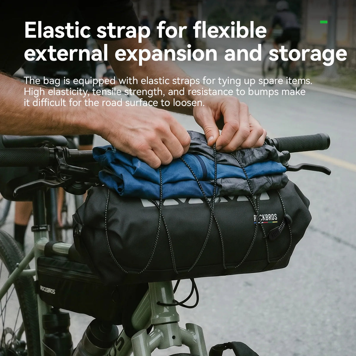 Black ROCKBROS ROAD TO SKY handlebar bag with roll-end closures and external bungee cords