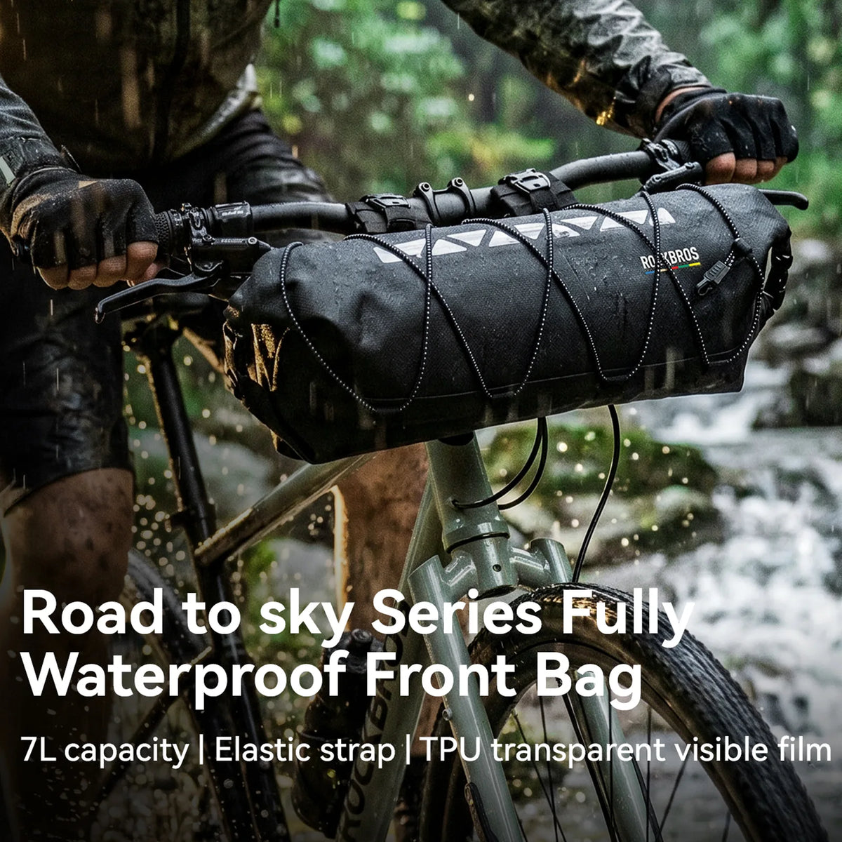 Black ROCKBROS ROAD TO SKY handlebar bag with roll-end closures and external bungee cords