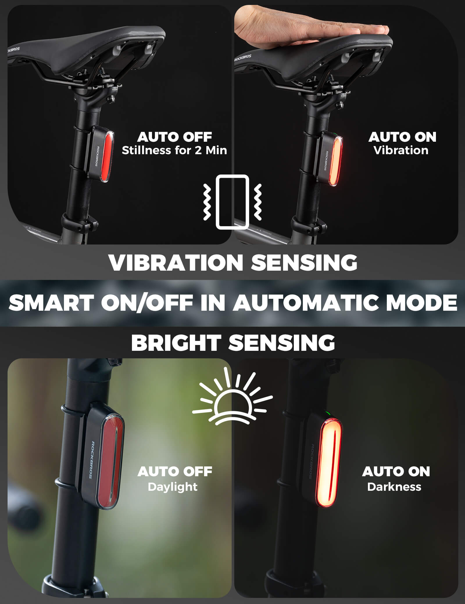 ROCKBROS Magnetic Smart Tail Light with brake sensing and IPX6 waterproof design.