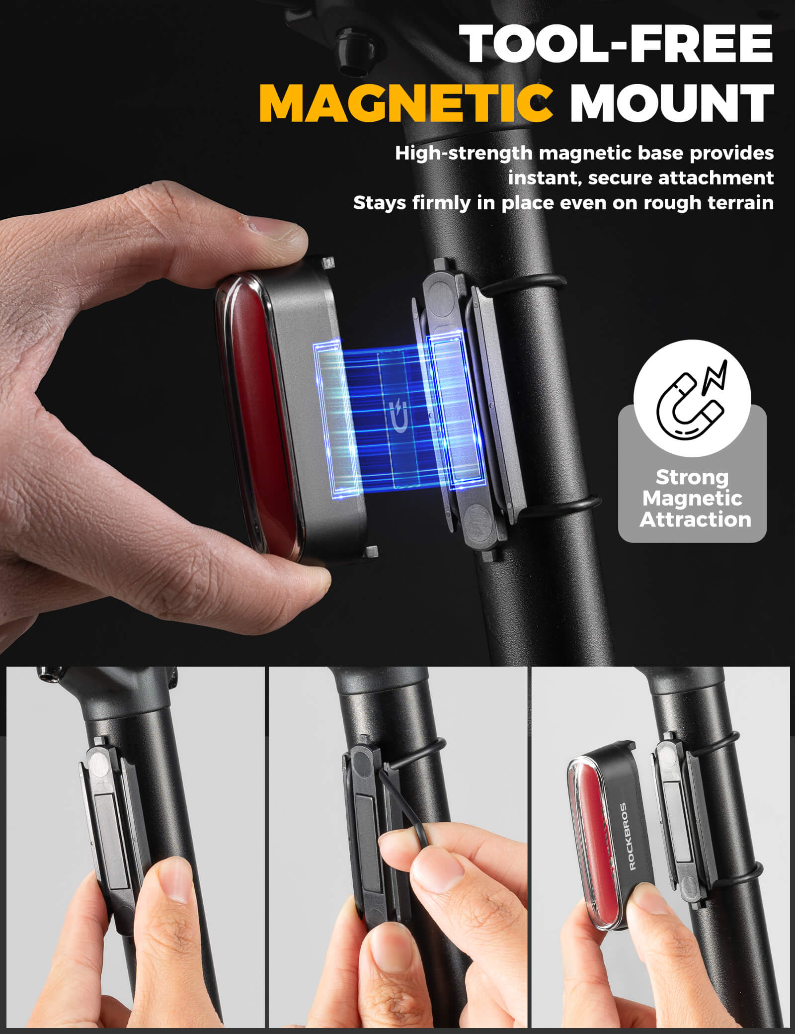 ROCKBROS Magnetic Smart Tail Light with brake sensing and IPX6 waterproof design.