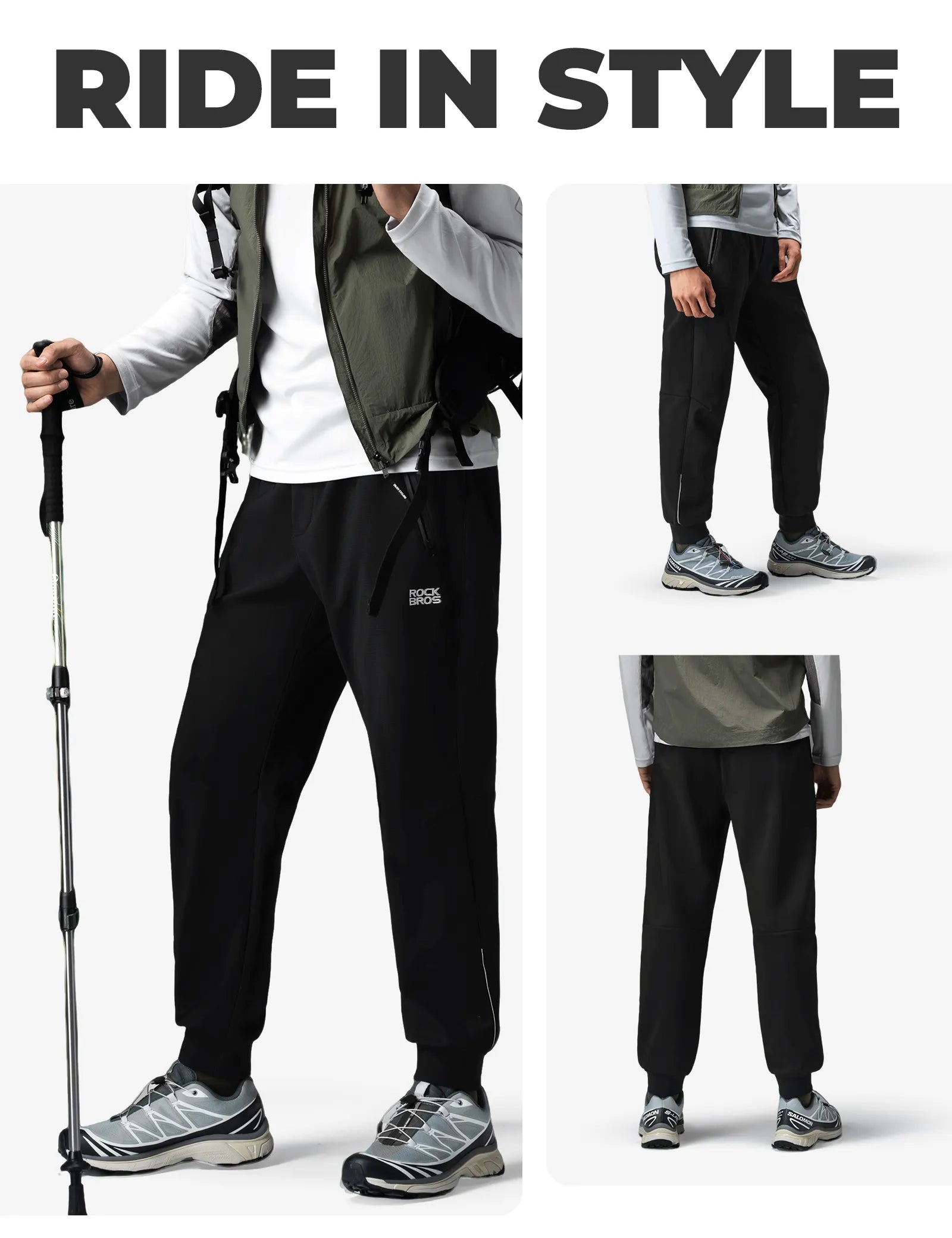 ROCKBROS Men's Cycling Pants with adjustable waist drawstring, embroidered logo, and high elasticity breathable fabric for comfort.