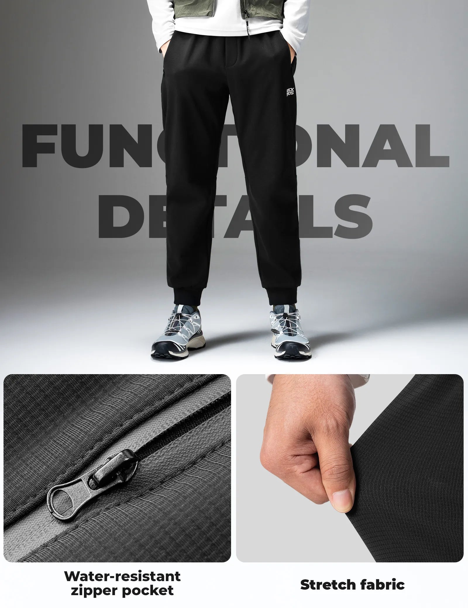 ROCKBROS Men's Cycling Pants with adjustable waist drawstring, embroidered logo, and high elasticity breathable fabric for comfort.