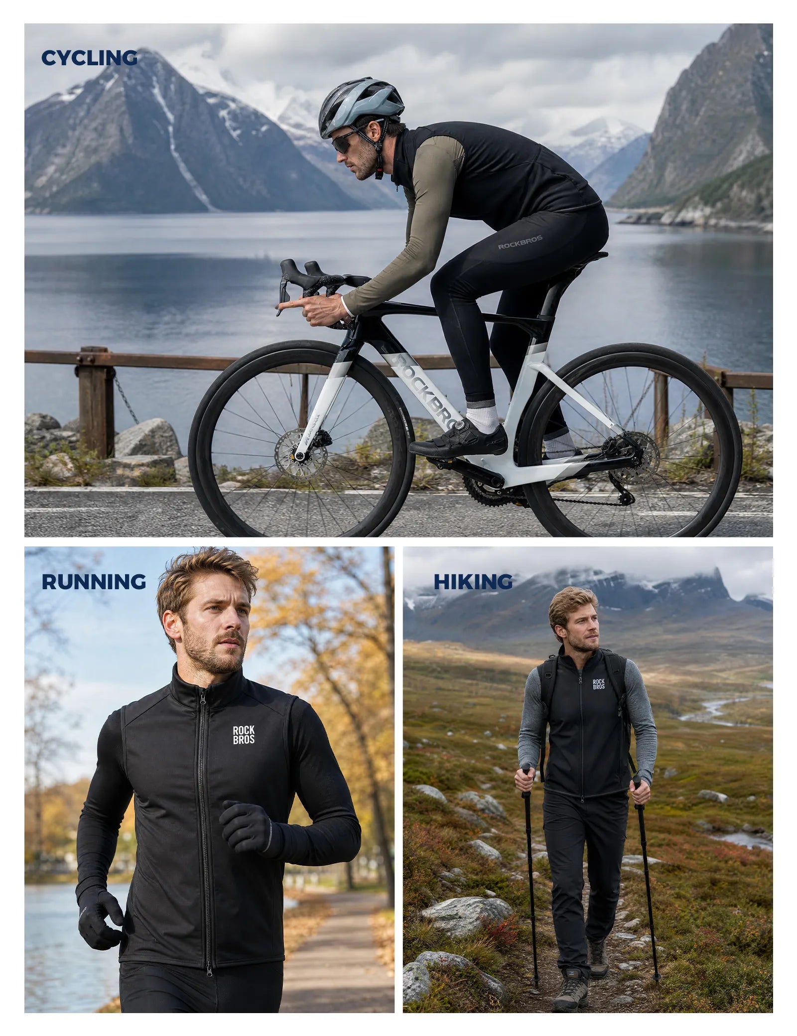 ROCKBROS Men's Cycling Vest with Dual Zipper and Thermal Fleece Lining, Windproof Sleeveless Jacket for Biking.