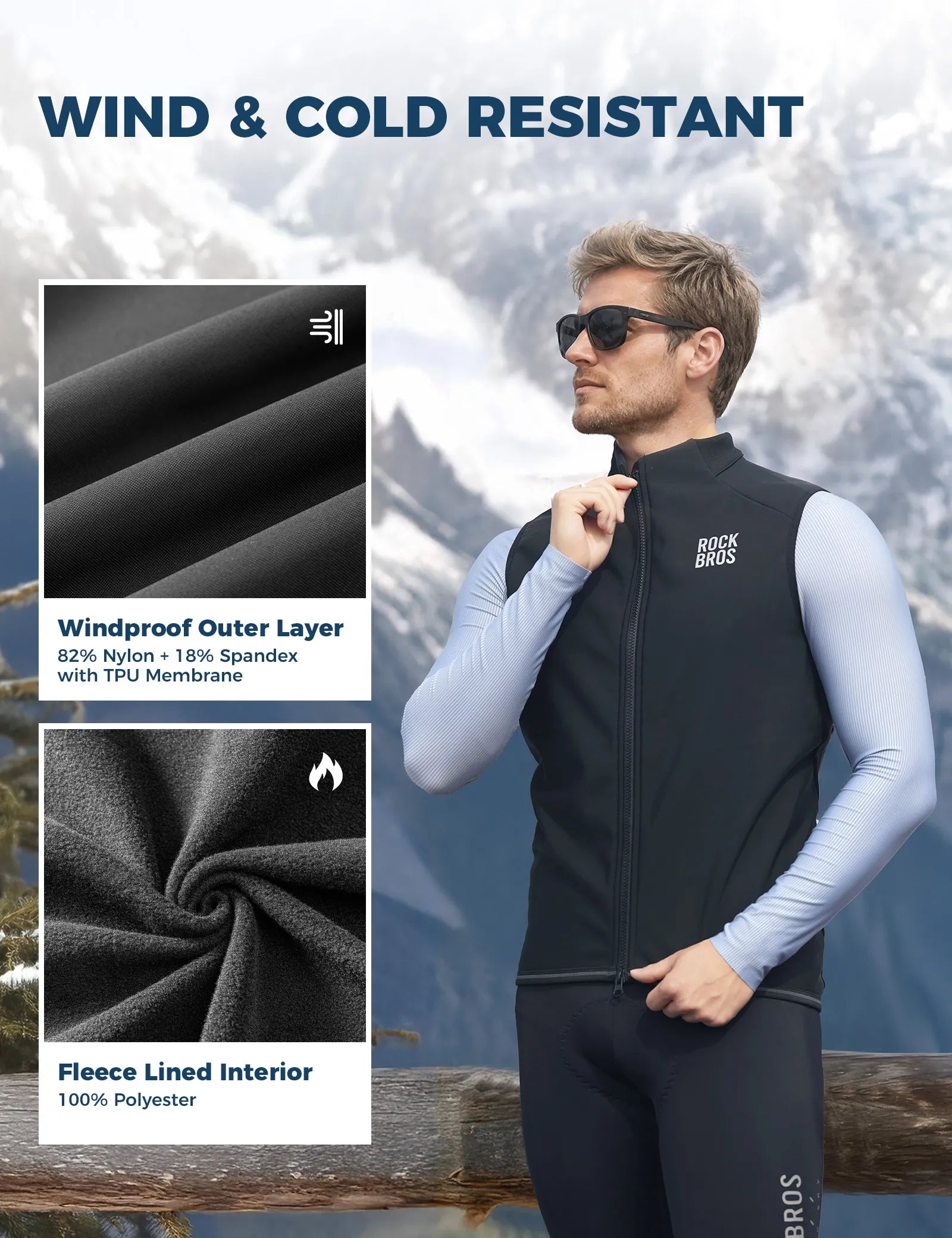ROCKBROS Men's Cycling Vest with Dual Zipper and Thermal Fleece Lining, Windproof Sleeveless Jacket for Biking.